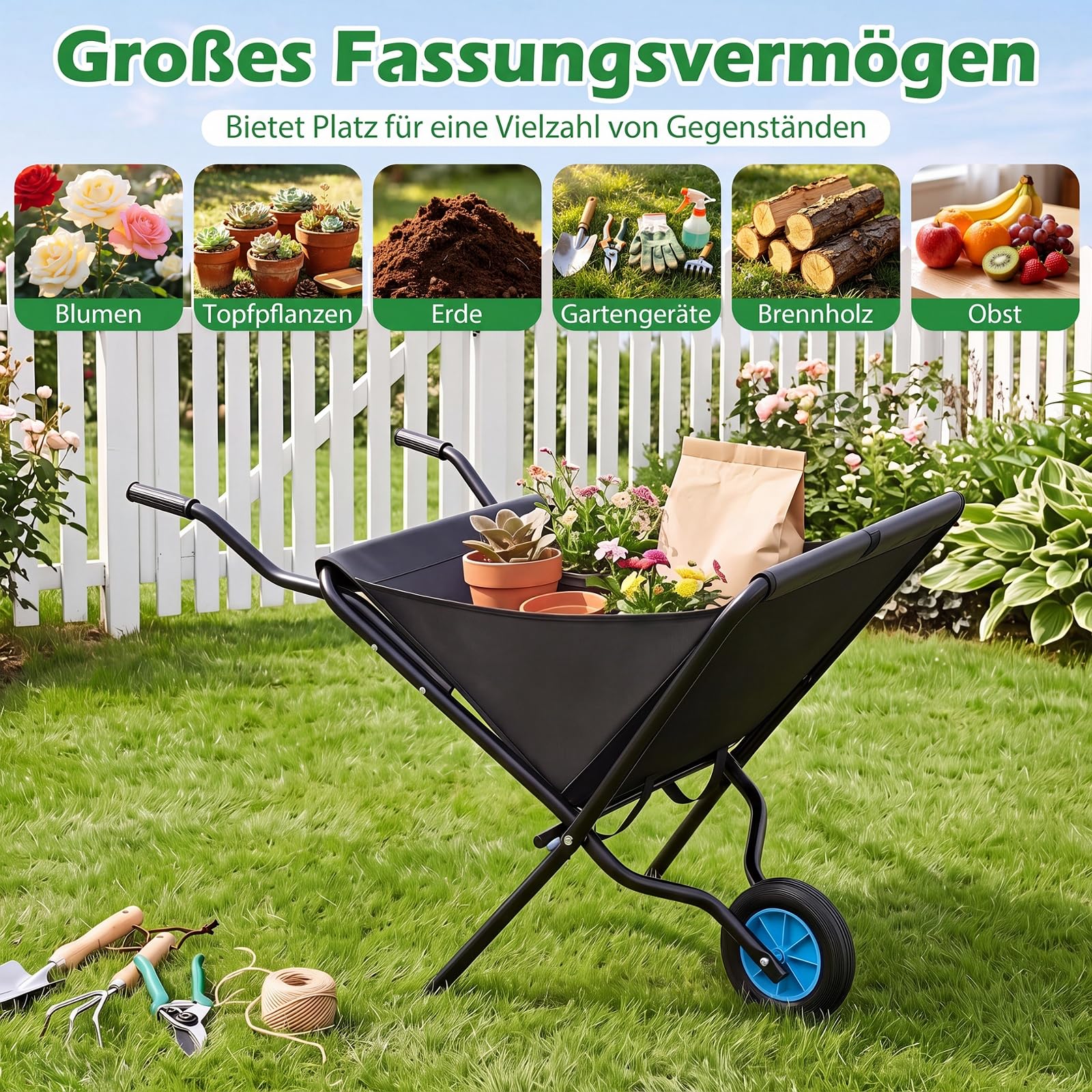 COSTWAY Taczka składana, metalowa taczka, czarna, 109 x 78 x 73 cm | Taczka budowlana z gumowymi oponami i antypoślizgowym uchwytem, do 40 kg, wózek transportowy do budowy ogrodu