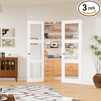 French Doors, 48" x 80" Double 24" x 80" Interior Doors with Door Jamb & Hinges and Silver Door Levers, 3-Lite Clear Glass Prehung Door for Bedrooms, Closets, Pantry, White Primed