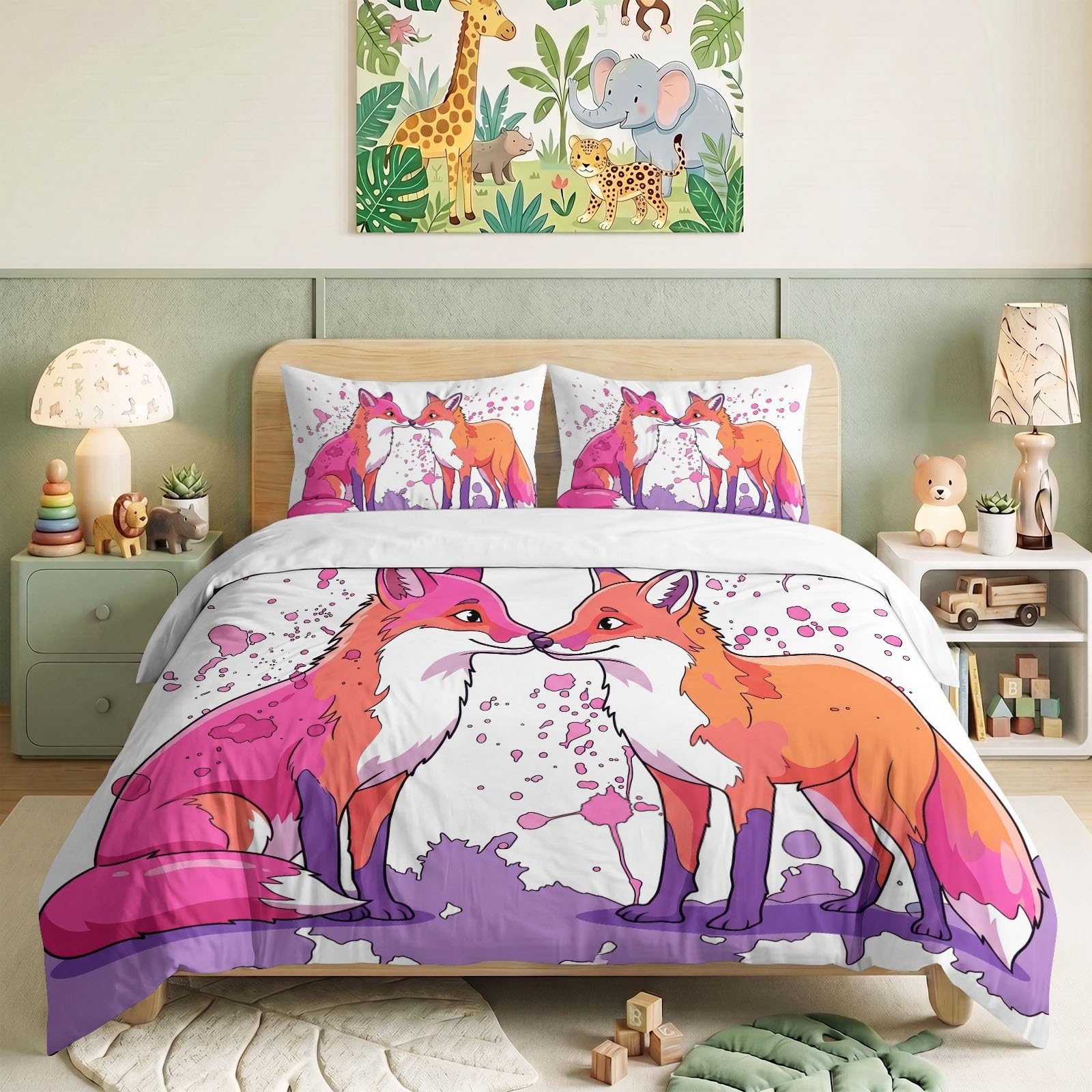 Generisch Bettwäsche Set 3-teilig 200 x 200 cm, Aquarell Kinderbettwäsche Mikrofaser mit Reißverschluss - Bettbezug Tiere Fuchs Herzform für Jungen Mädchen Weiß Bettwaren