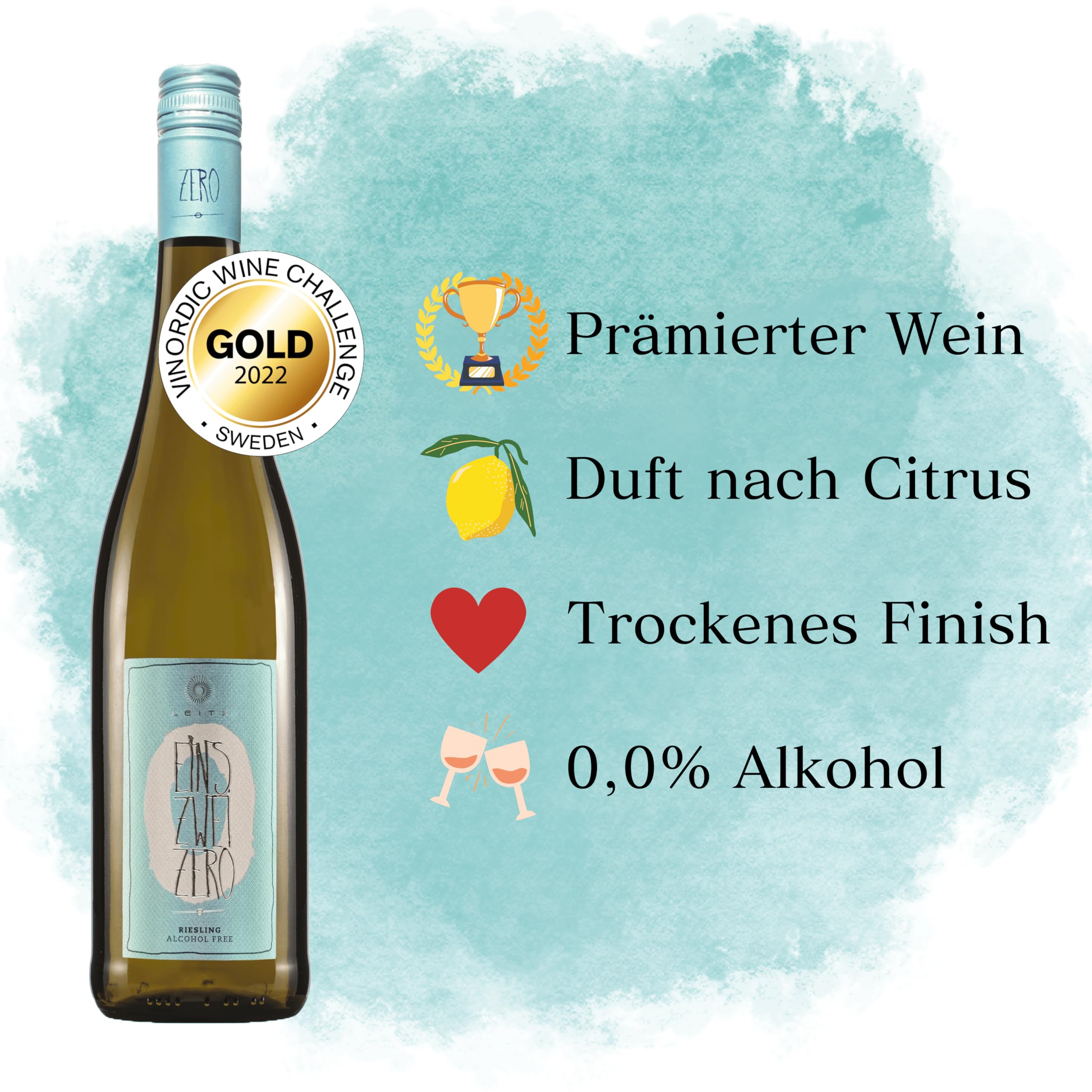 Weingut Leitz EINS-ZWEI-ZERO Riesling alkoholfrei (6x0.75l) inkl. gratis Weinausgießer | Prämierter alkoholfreier Weißwein