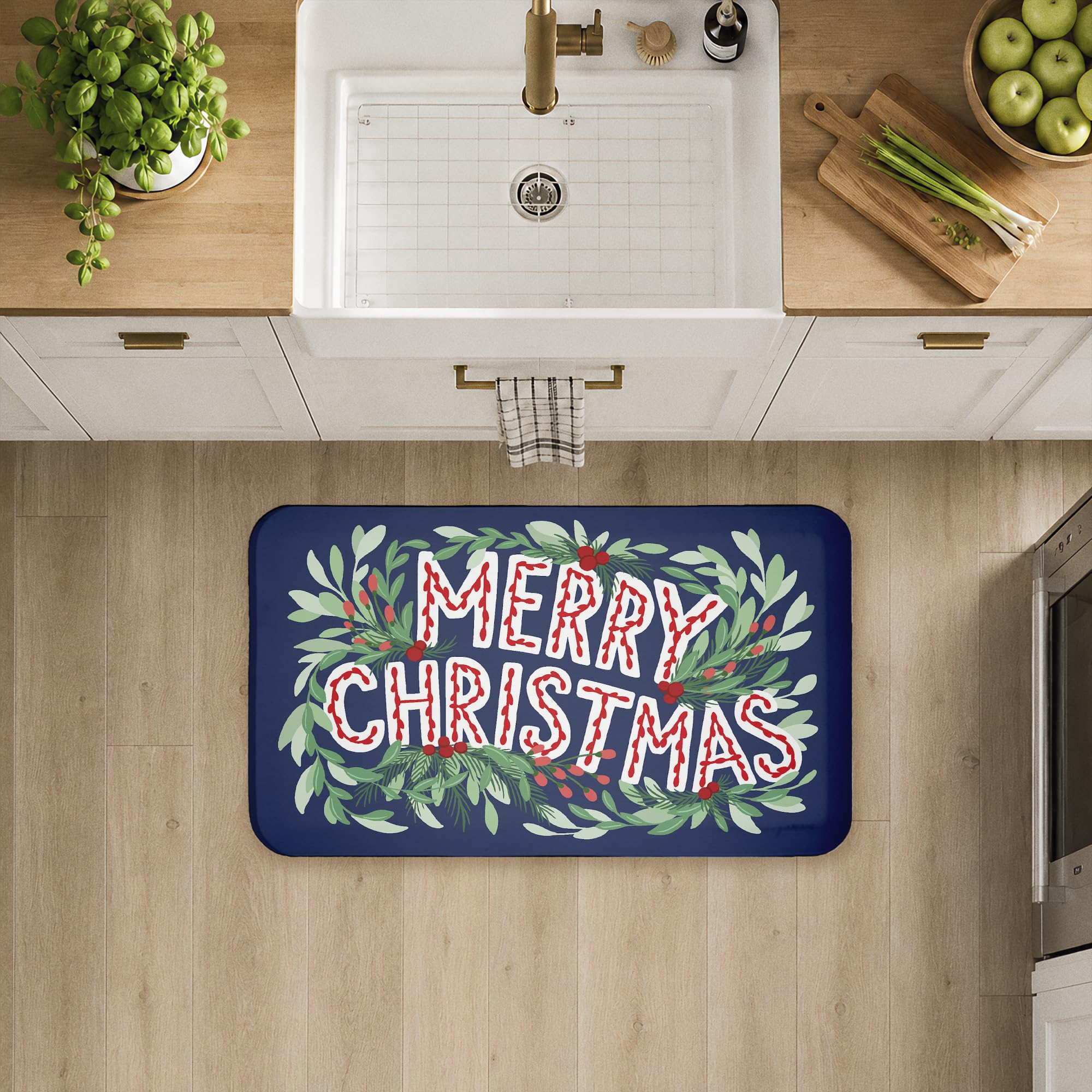 Merry Christmas & Greenery Anti-Ermüdungs-Fußmatte, ergonomisch gepolsterte Küchen- und Stehmatte mit Rutschfester Unterseite, umweltfreundliche Komfortmatte, Design von Heather Mclaughlin, 76,2 x