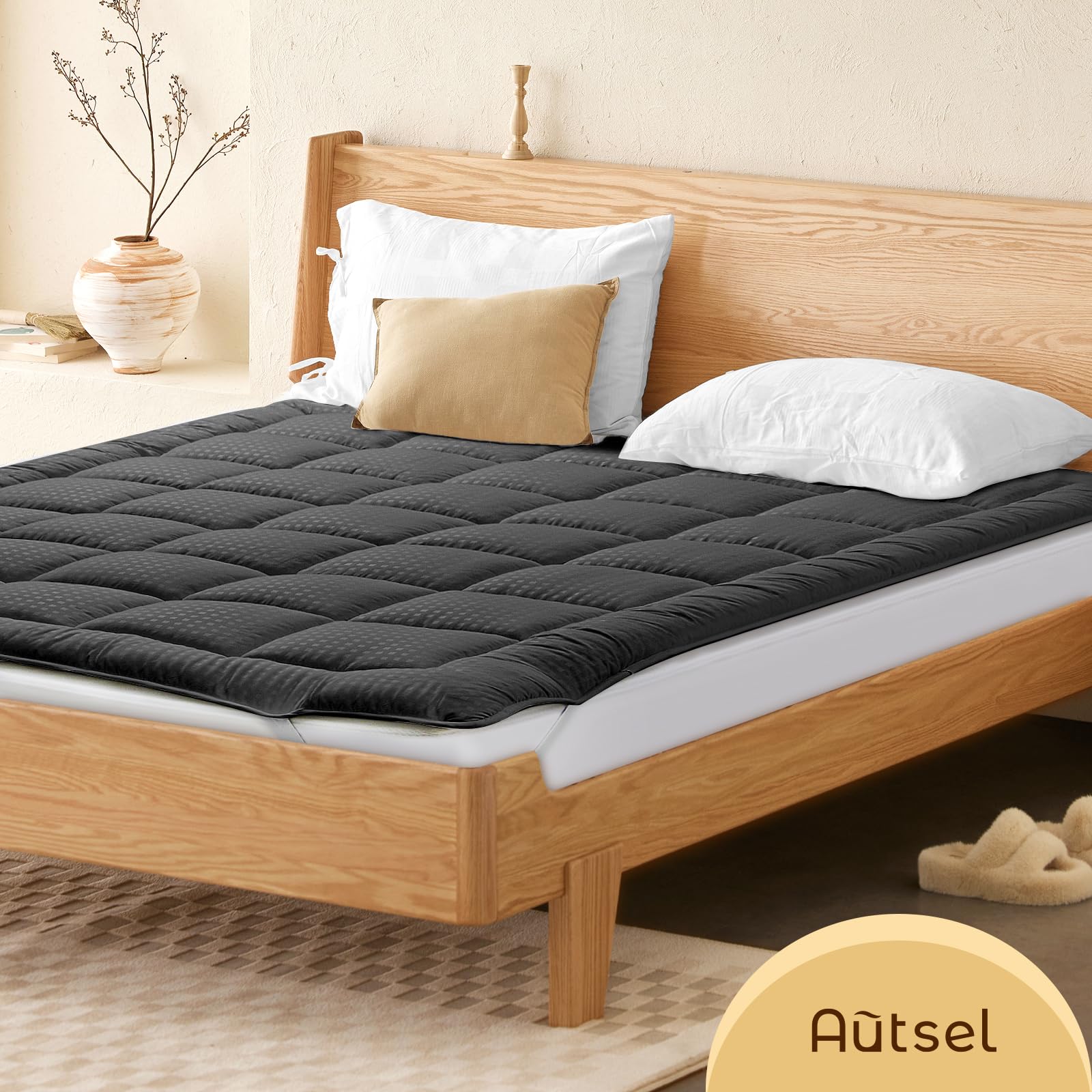 Autsel 3D Topper Matrimoniale 160 x 200cm Extra-Morbido Topper Materasso Trapuntato Antiallergico Coprimaterasso (Grigio Chiaro)