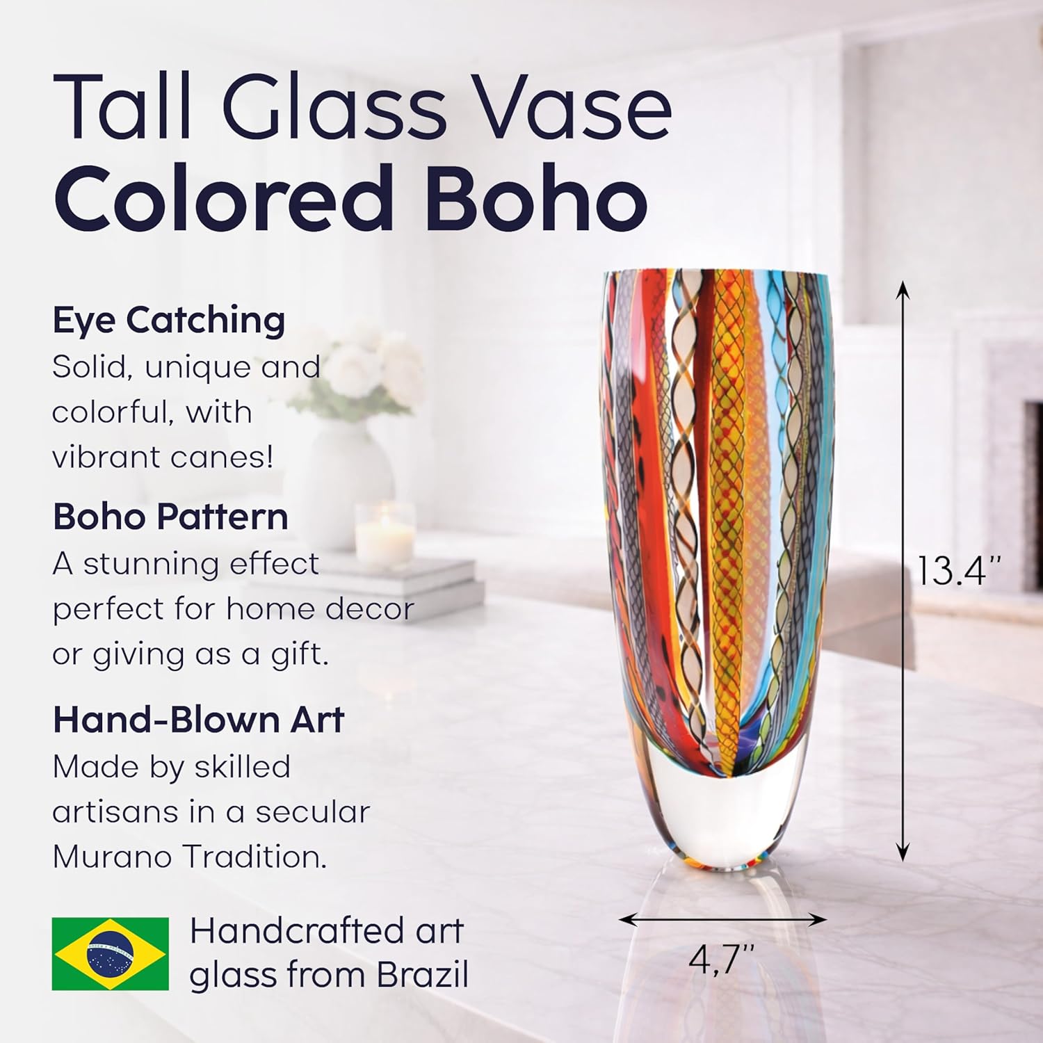 Ca D Oro Glass Vase Boho with Colored Canes Hand Blown Murano-Style Art Glass for Flower and Decor - Model 72 MS