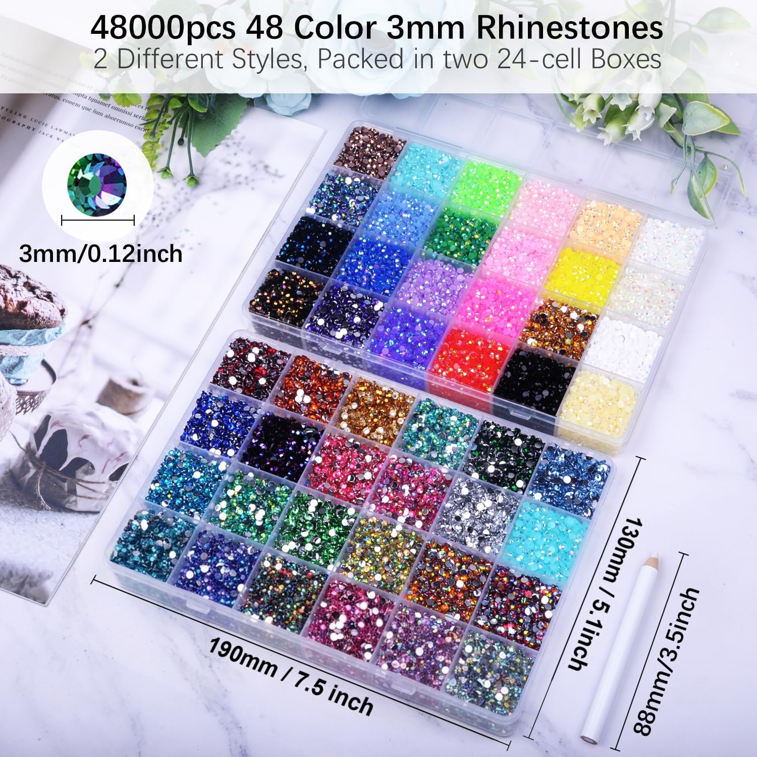 48000Pcs Resin Jelly Rhinestones for Crafting, Bedazzling Kit with Flatback Gems Rhinestones, 48 Color 3mm Flatback Gems for Diamond Art DIY Crafts Clothing Shoes Nail Art Decoration