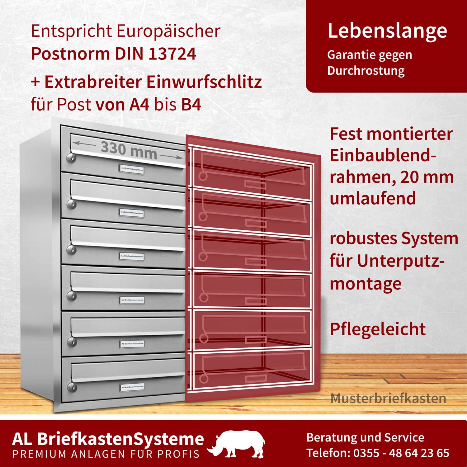 AL Briefkastensysteme, 5er Unterputzbriefkasten, Briefkasten rostfrei, 5 Fach Briefkastenanlage modern, Edelstahl Postkasten