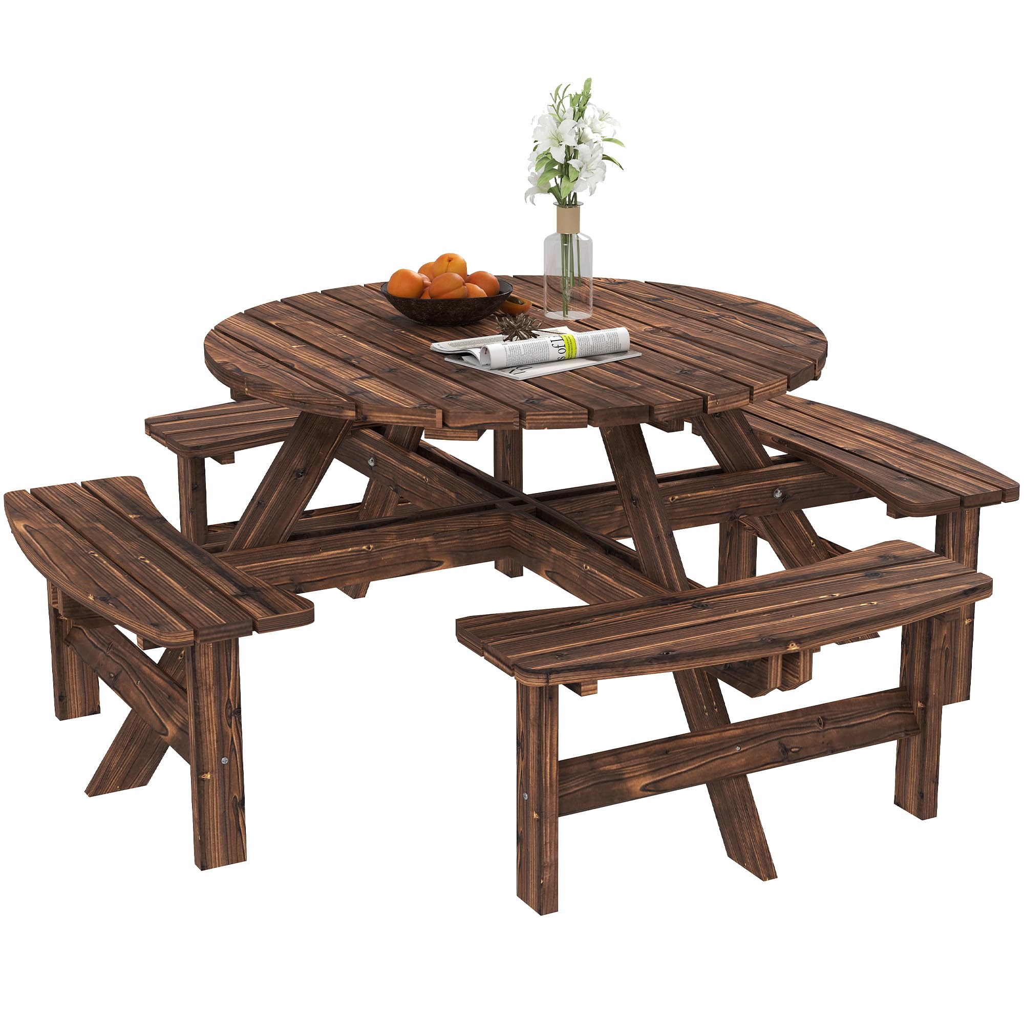 Outsunny Wooden Garden Dining Set, 8 Seater Round Dining Picnic Table with Matching Bench