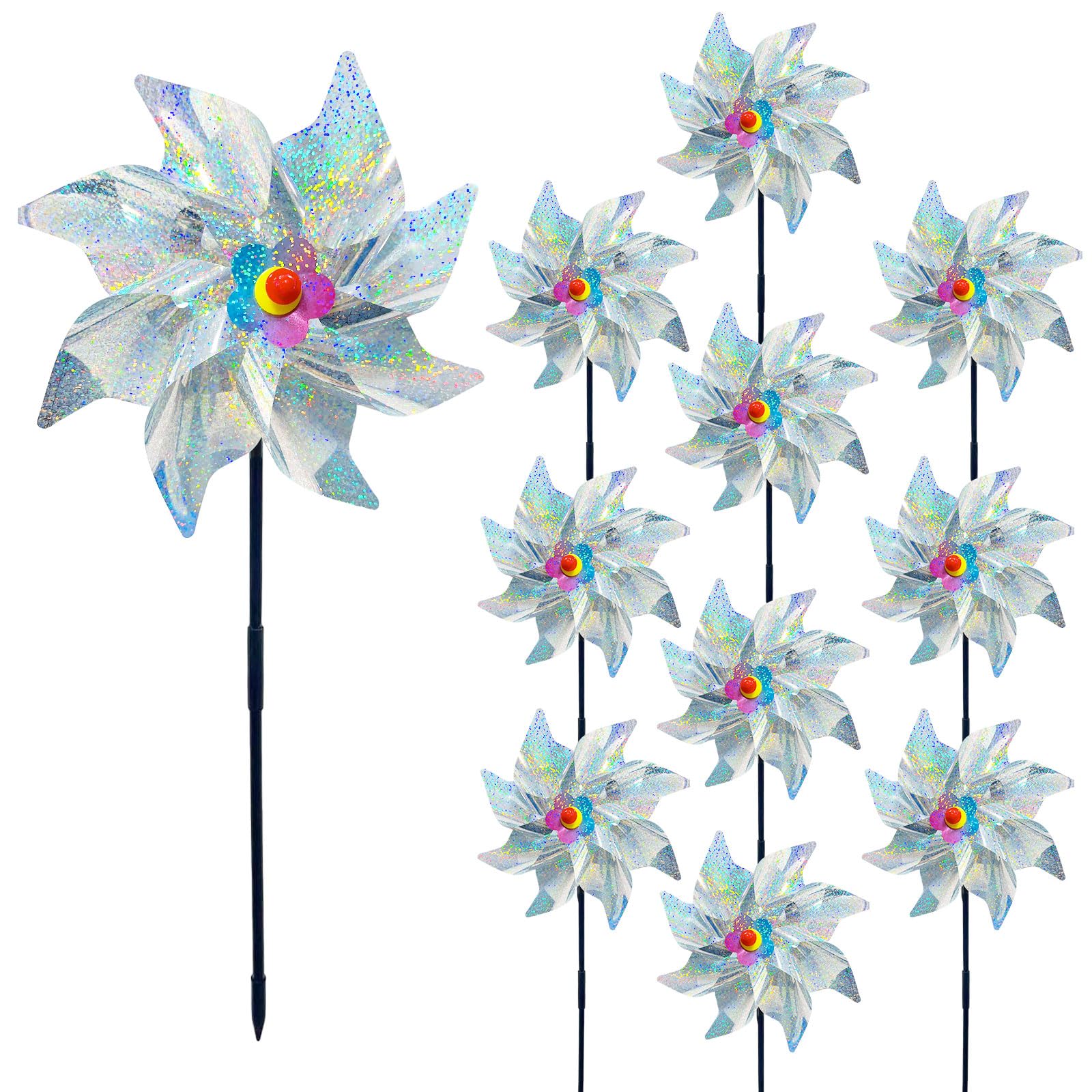 10 Pieces 21 Inches Silver Reflective Pinwheels with Stakes, Windmill Wind Spinners for Outdoor Garden Lawn Yard Decor, Christmas Decoration, Large