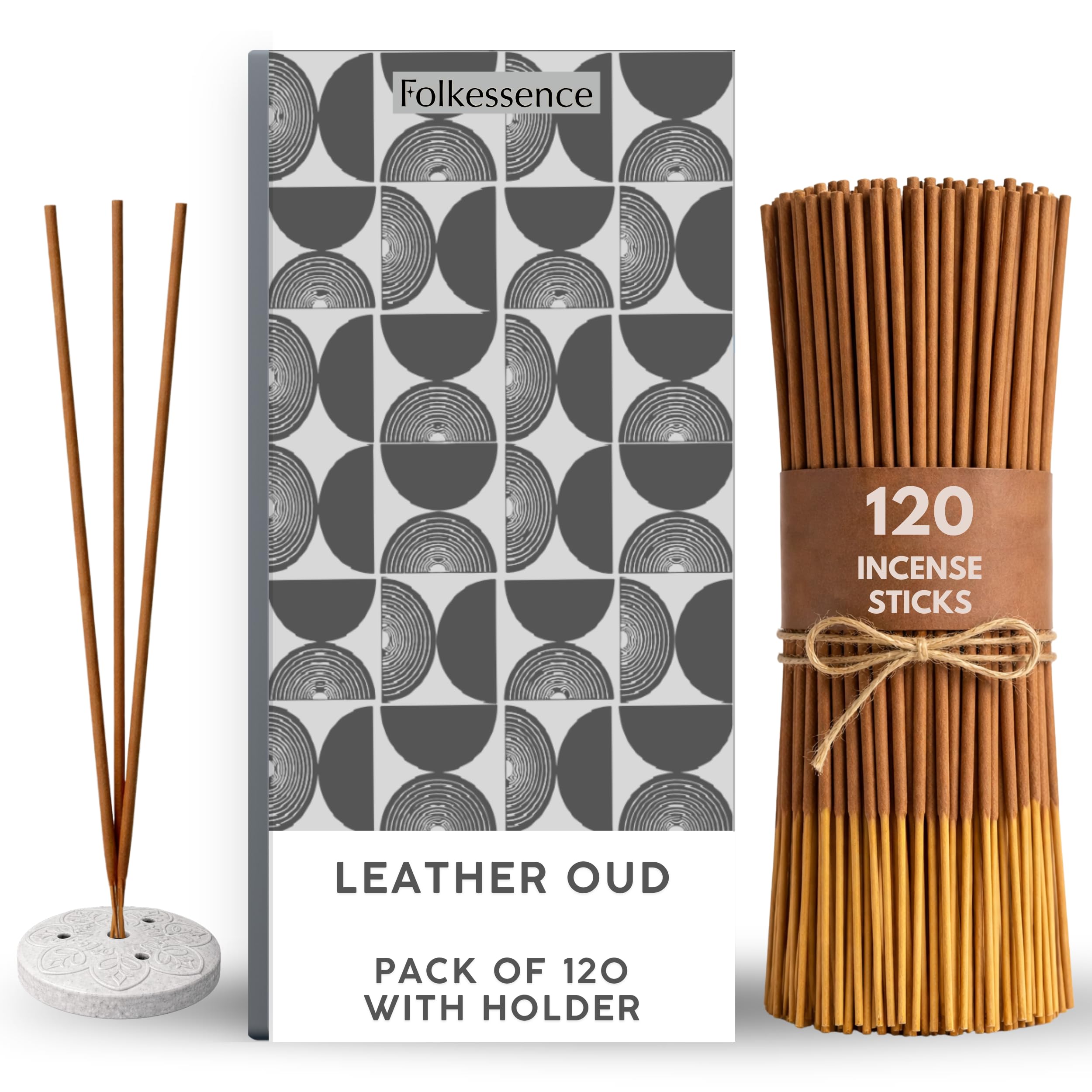 Folkulture Leather Oud Incense Sticks | Set Of 120 Insence-Sticks With Holder For Relaxation | Incense| Organic, Slow Burning & Non Toxic Inscents | Luxe Fragrances For Meditation, Relaxation