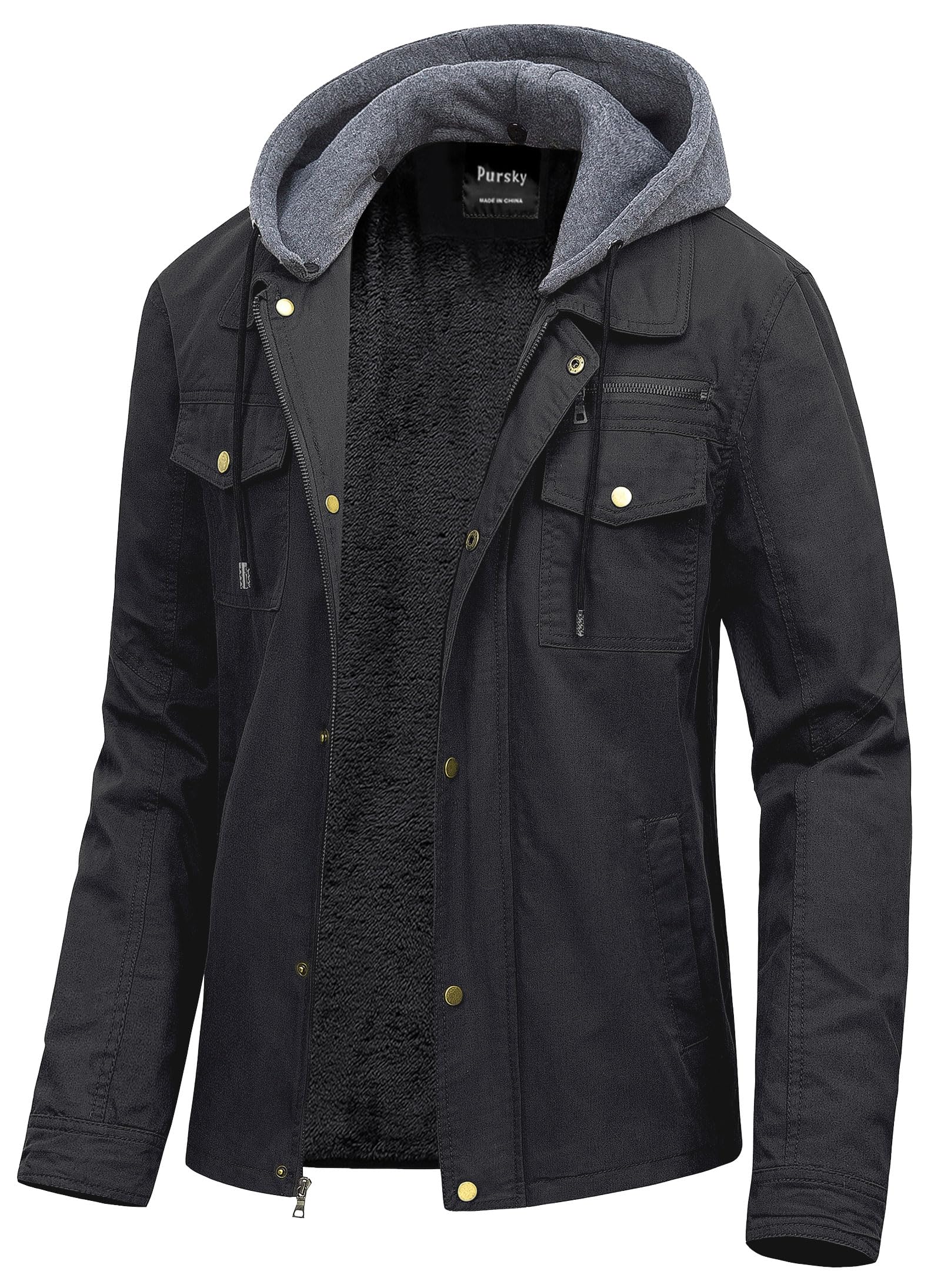 Pursky Men's Canvas Cotton Military Casual Field Jacket Outerwear With Removable Hood