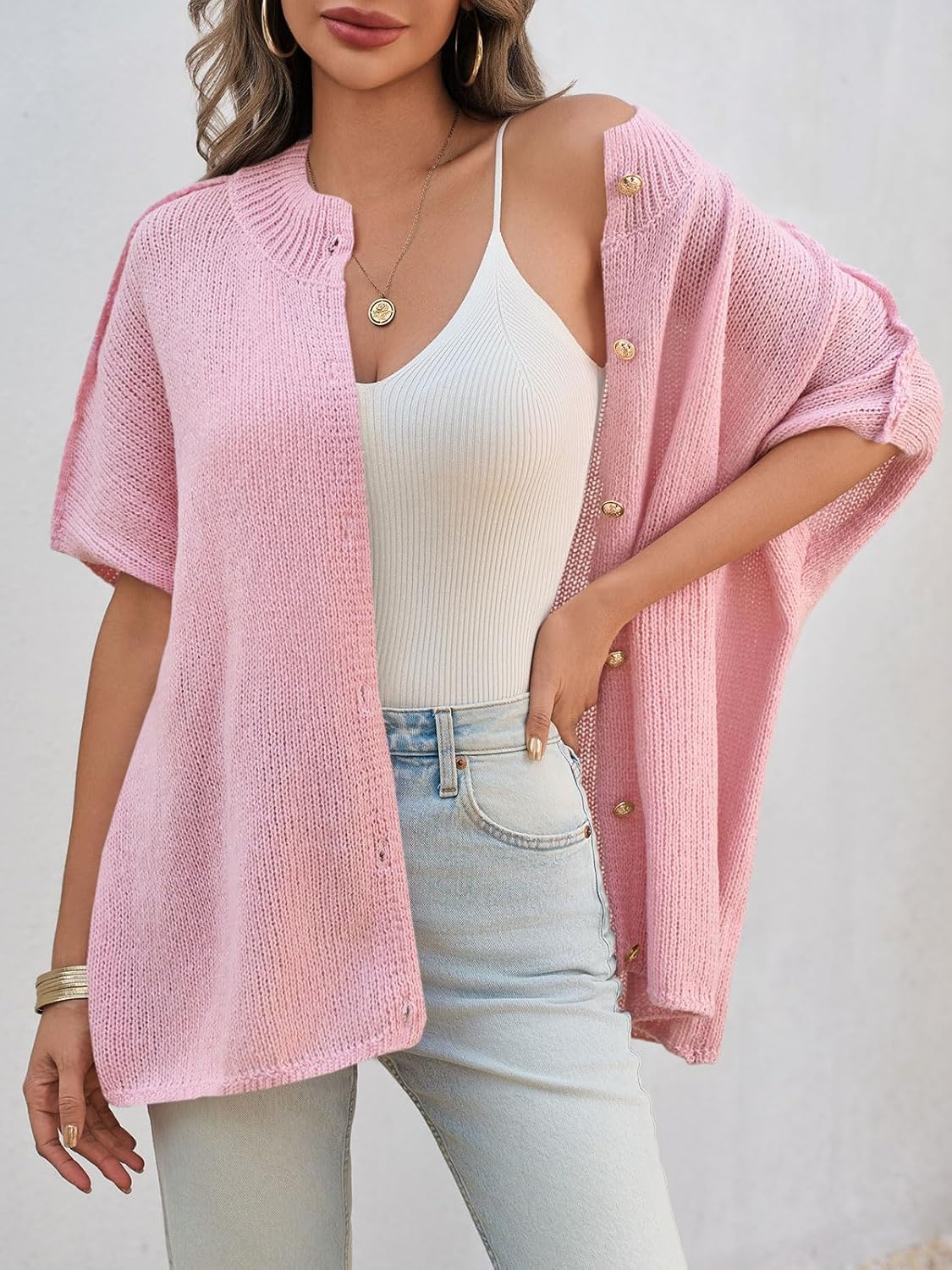 Saodimallsu Womens Oversized Cardigan Sweaters Short Sleeve Button Down Casual Lightweight Loose Knit Trendy Cardigans - Image 2