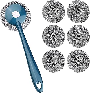 Balle de Fil d'acier Inoxydable Boules De Nettoyage, Boules de Fil d'acier à Long Manche, Lot de 6 tampons à récurer en métal pour épurateur en Laine d'acier pour Lave-Vaisselle