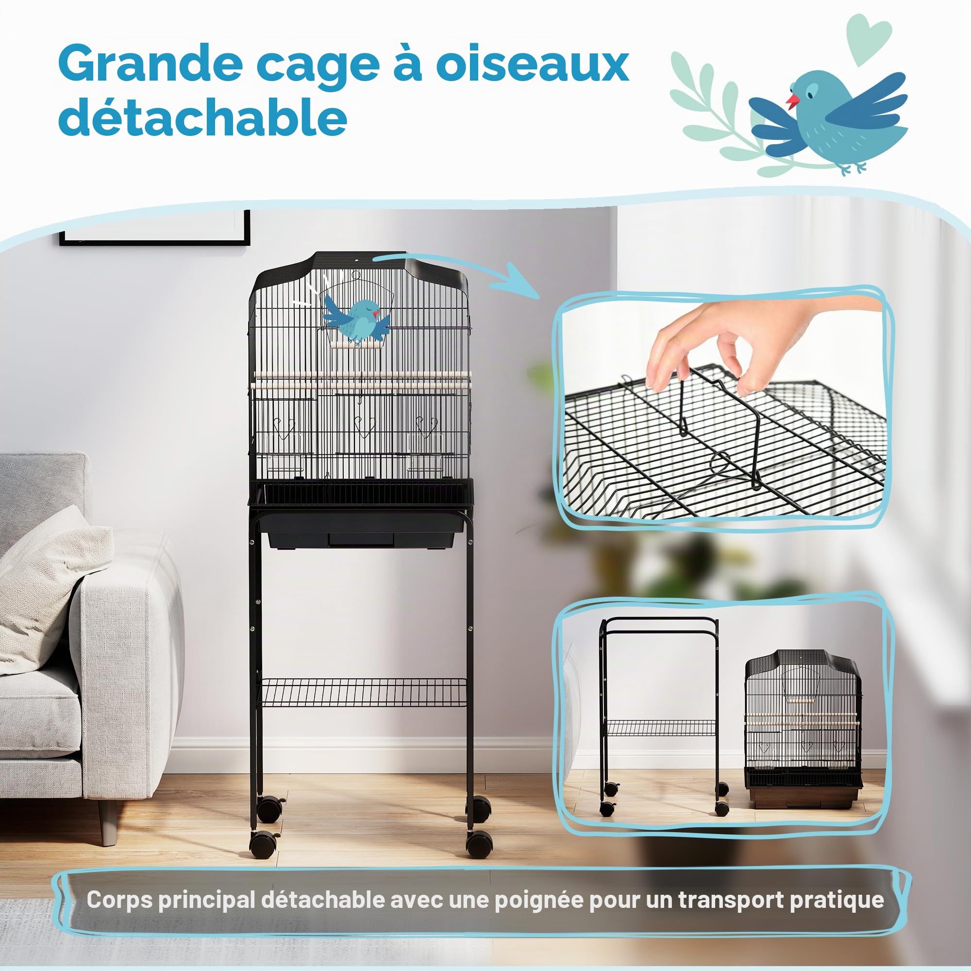 PawHut Cage à Oiseau avec Support et roulettes 46,5x36x124cm Noir | Cage pour perruches, canaris, mandarins, plateau amovible, étagère de rangement