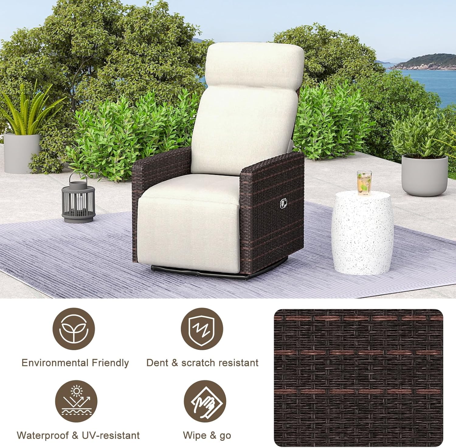 kinbor Outdoor Recliner Chair - Set of 2 High Back Patio 360° Swivel Chair with Flip Side Table, Removable Cushion & Footrest (Beige)