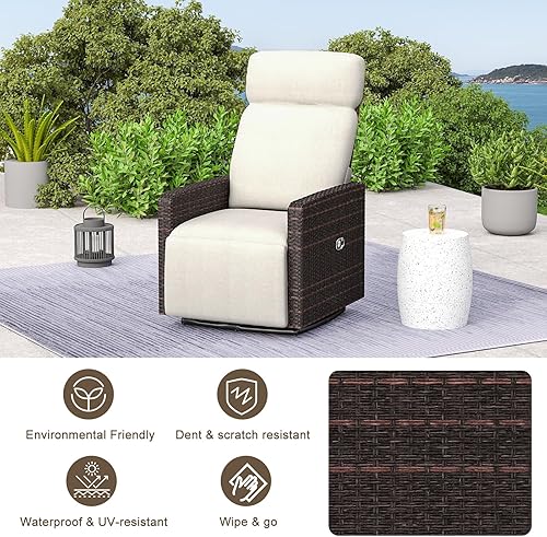 Miniatura 5 de kinbor Silla reclinable para exteriores, silla giratoria de 360 con respaldo alto para patio, con mesa auxiliar abatible, cojín extraíble y