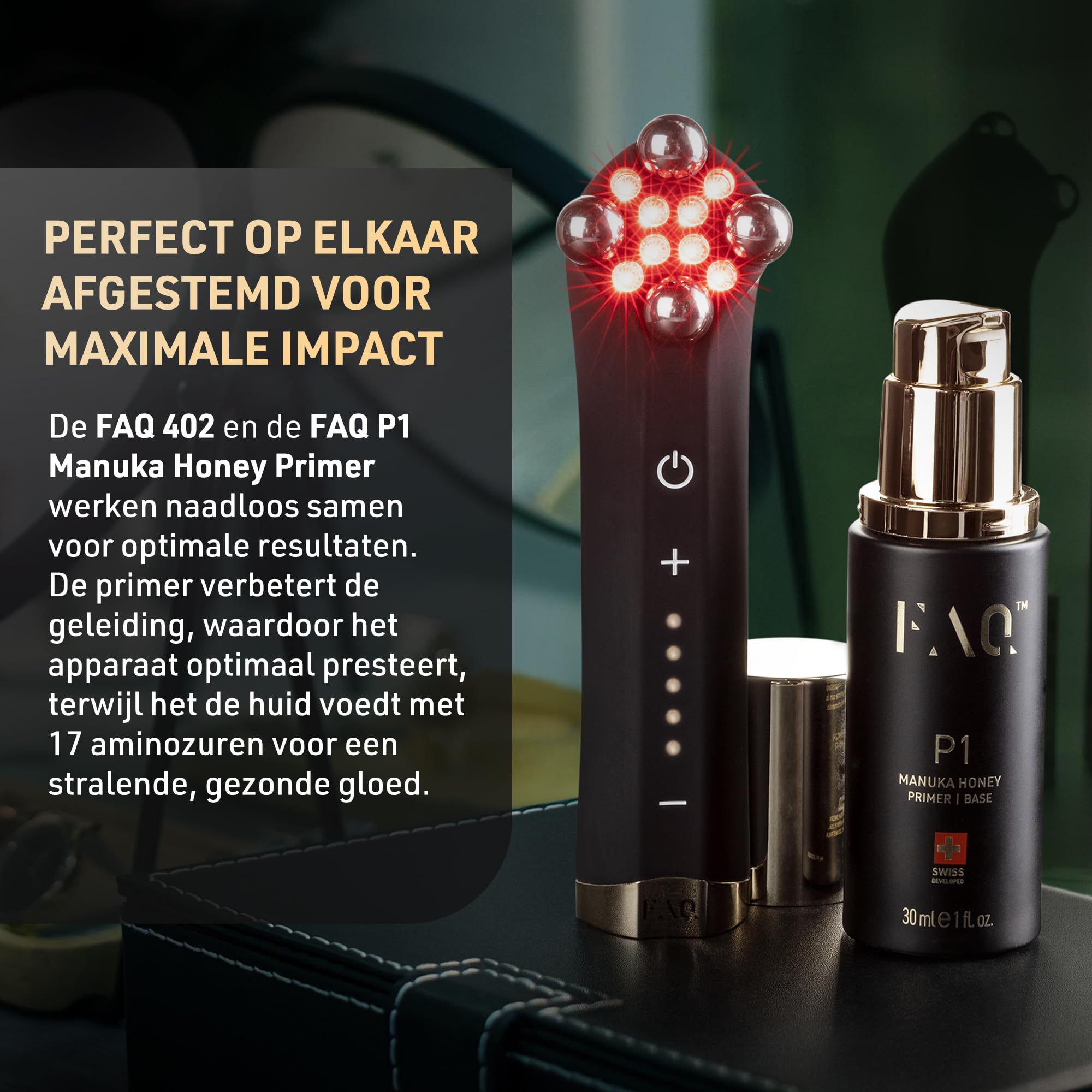 FAQ Sculpt & Glow Bundle – FAQ 402 Dual-Mikrostrom-gesichtsmassagegerät- & Liftgerät + P1 Manuka Honey Serum 30 ml – Anti-Aging‑Gesichtsmassage-Set für Lifting, Toning & Lymphdrainage gerät