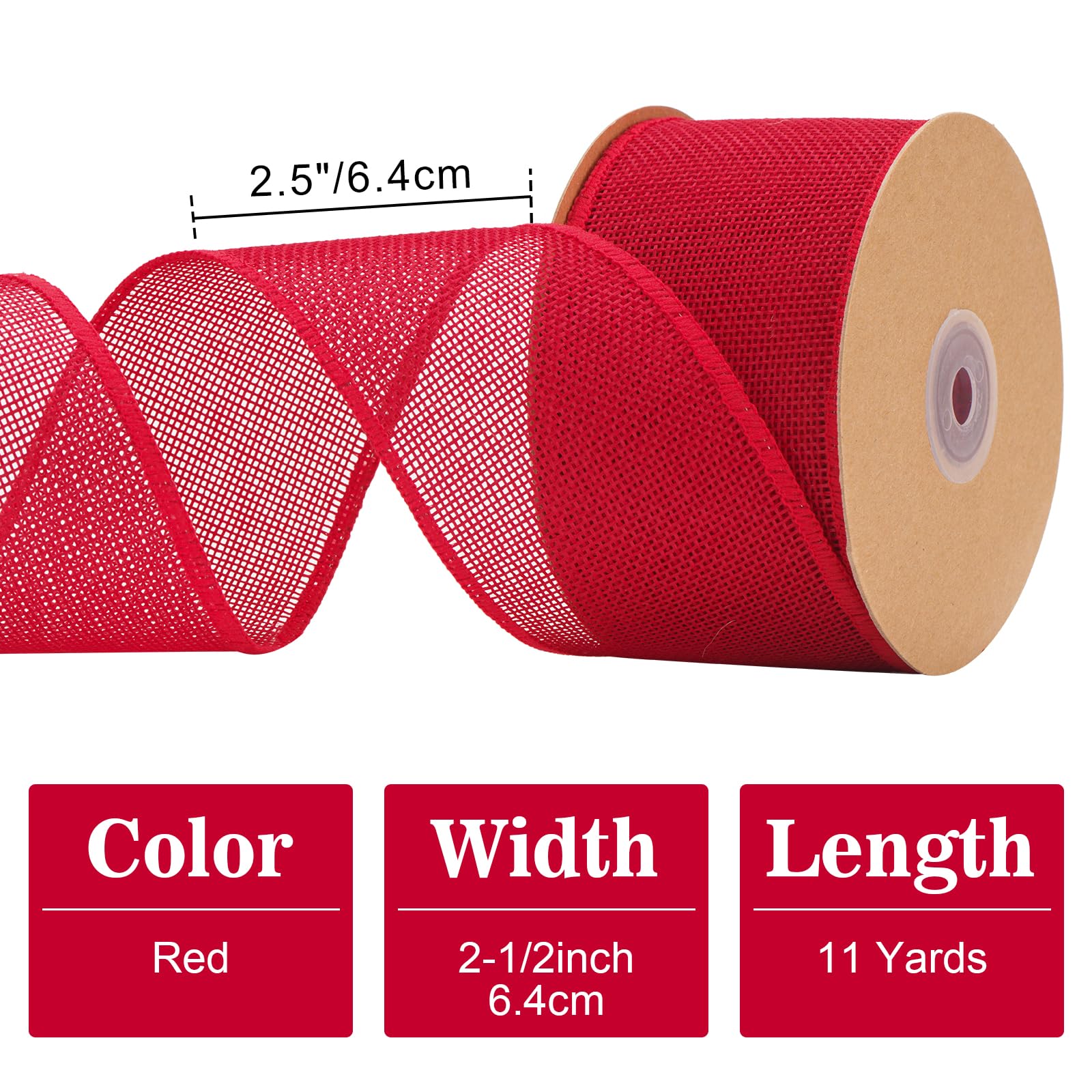 G2PLUS 6.4cm Red Burlap Wired Ribbon: 10m Hessian Ribbon for Crafting Bows, Gift Wrapping, Wreaths, Christmas Decoration - Image 2