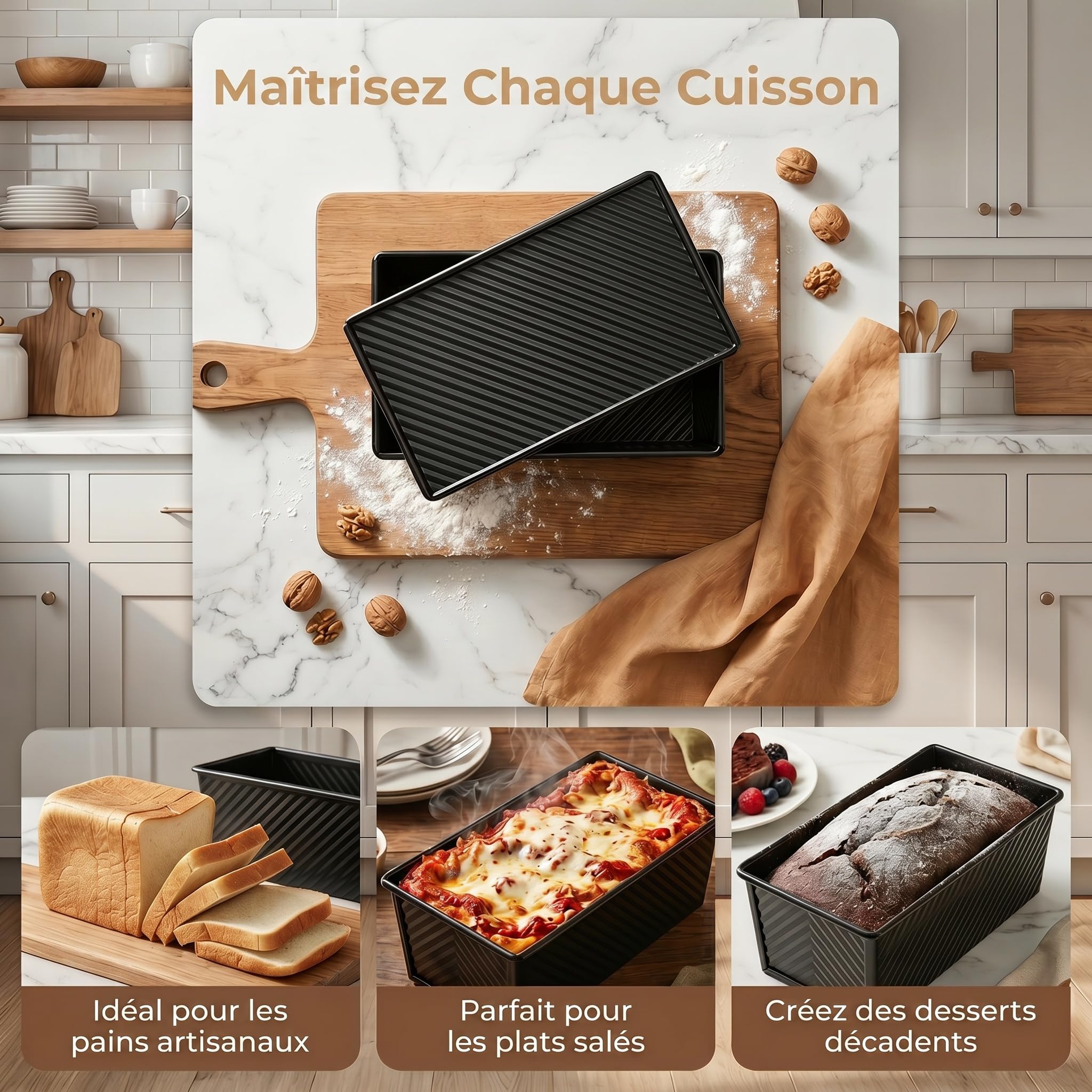 Lot de 2 1000+ 450g Moule Pain de Mie, Moule a Pain de Mie avec Couvercle, Acier au Carbone, Répartition Uniforme de la Chaleur, Idéal pour le pain de Mie et la Boulangerie Maison, Noir