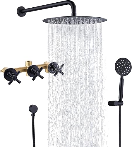 Juego de grifo de ducha de 3 asas con ducha de mano, cabezal de ducha de lluvia de 10 pulgadas con ducha de mano, montado en la pared, negro mate