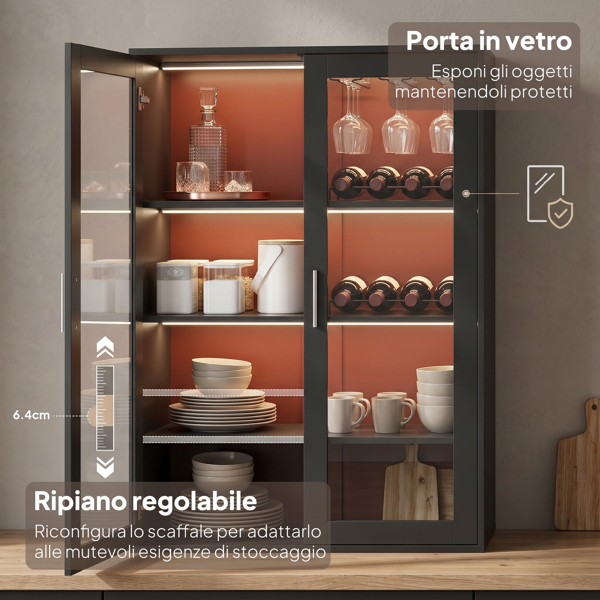 HOMCOM Mobile Portabottiglie con Luci LED RGB e Porta Bottiglie da 12, Cantinetta con Ante Soft Close in Vetro e Ripiano Regolabile per Sala da Pranzo, Cucina e Casa Nero