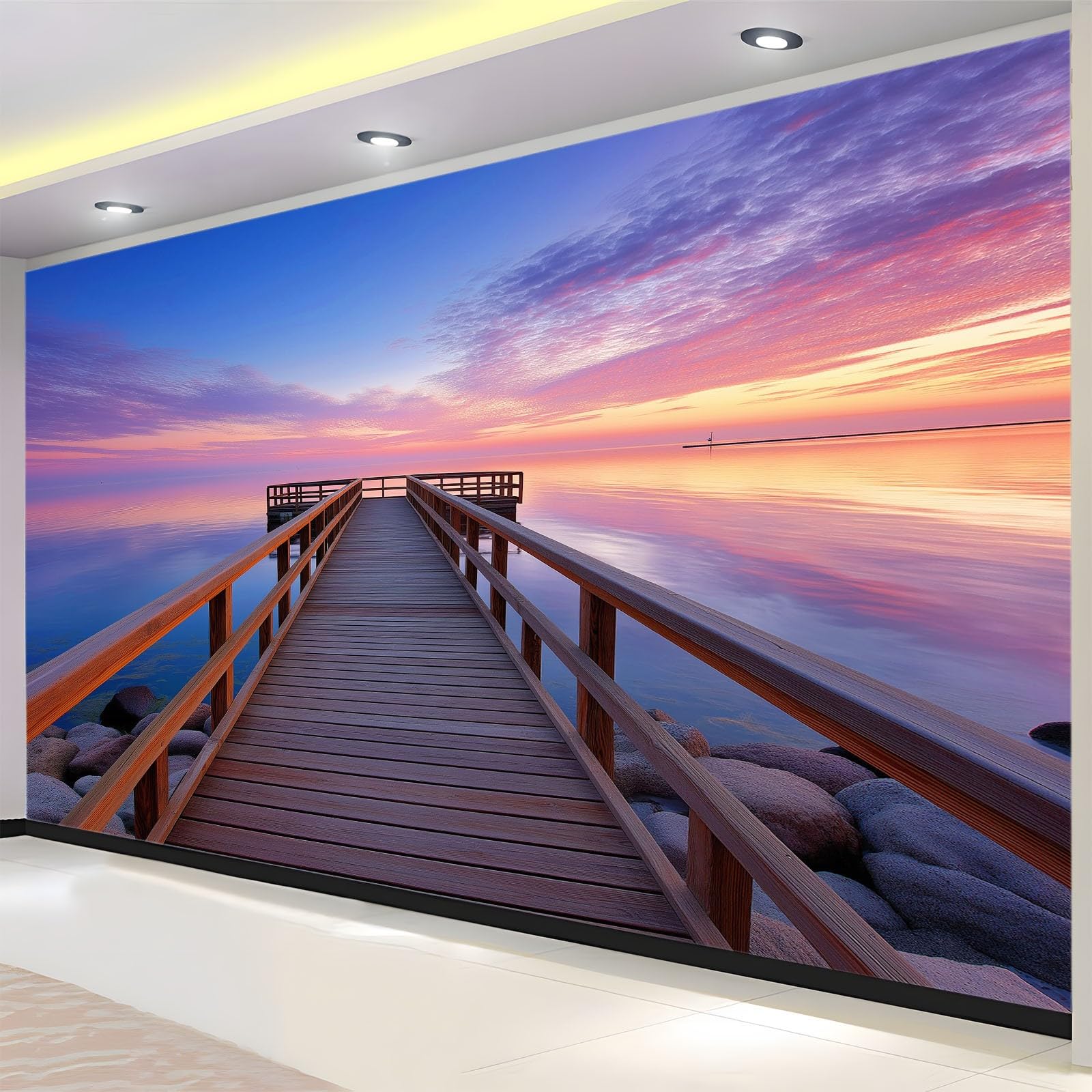 Tapeta ścienna 3D terapeutyczna sceneria, wielokolorowa włóknina mural molo zachód słońca 250 x 175 cm tapeta dekoracja domu do mebli sypialni salonu łazienki kuchni