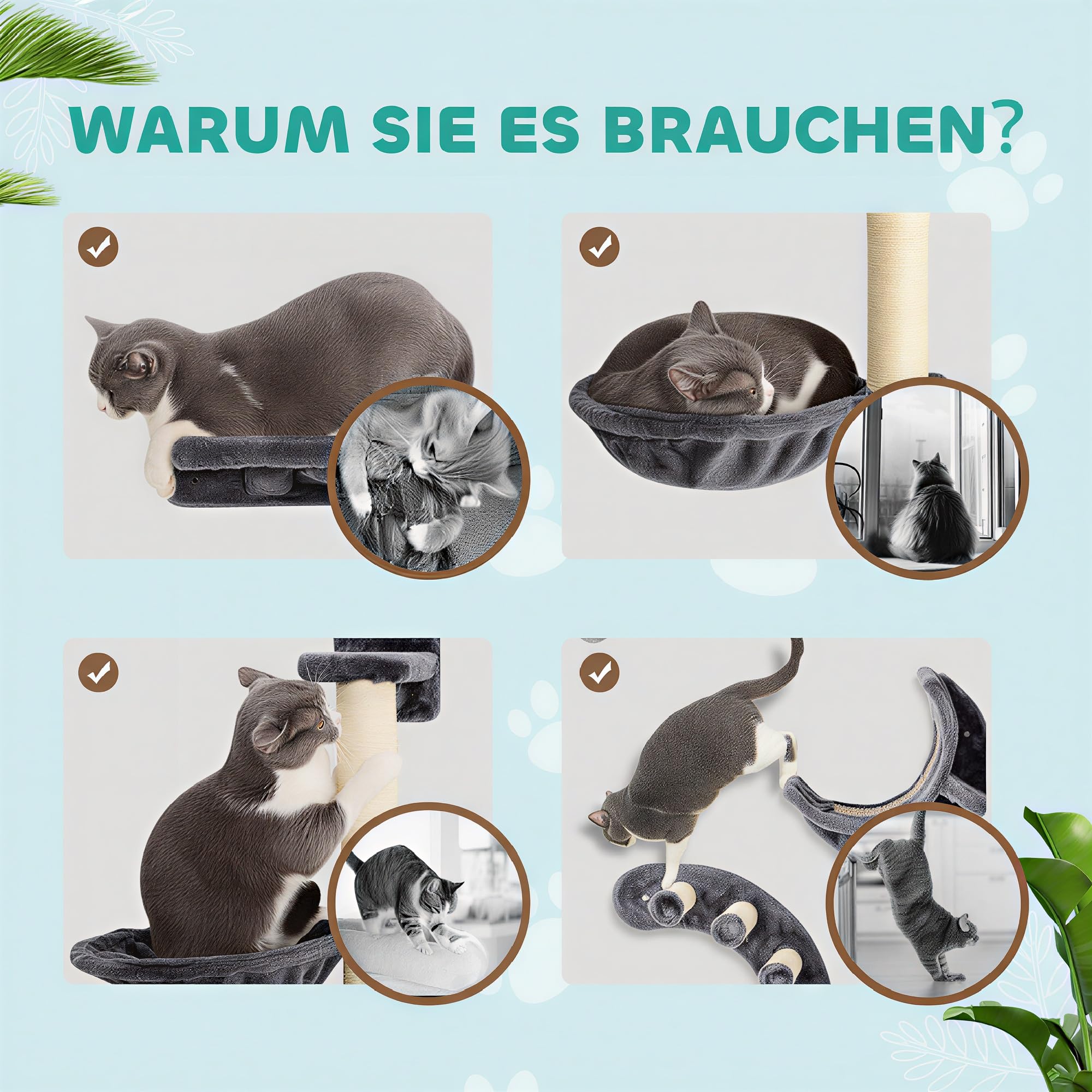 PawHut Kletterwand Katzen 4-teiliges Katzenwandmöbel bis 5 kg Dunkelgrau | Set, Hängematte, Katzenbrücke, Plattformen, Hängeball, Kratzsäule, zum Klettern, Spielen, Schlafen
