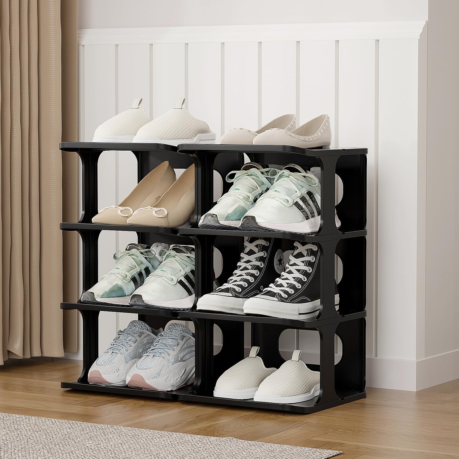 Zapatero vertical negro de 14 niveles para entrada de puerta delantera, organizador de zapatos alto para espacios pequeños, armario estrecho y pequeño estante para zapatos, estante de pie libre 7