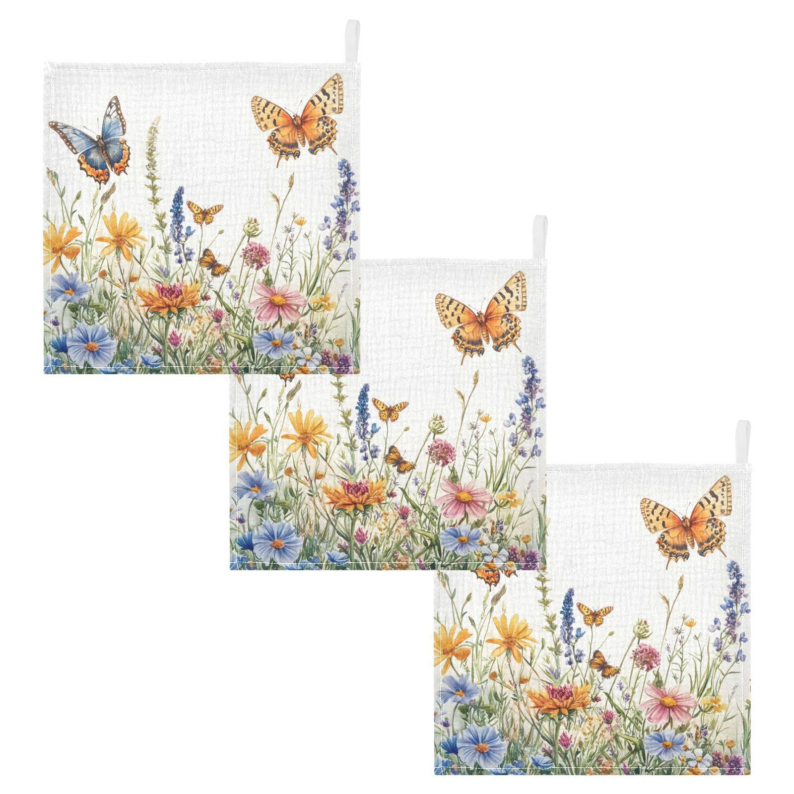 STAYTOP Wildflowers and Butterflies Muslin Baby Washcloths Pack of 3 - Soft Face Cloths for Newborn Absorbent Baby