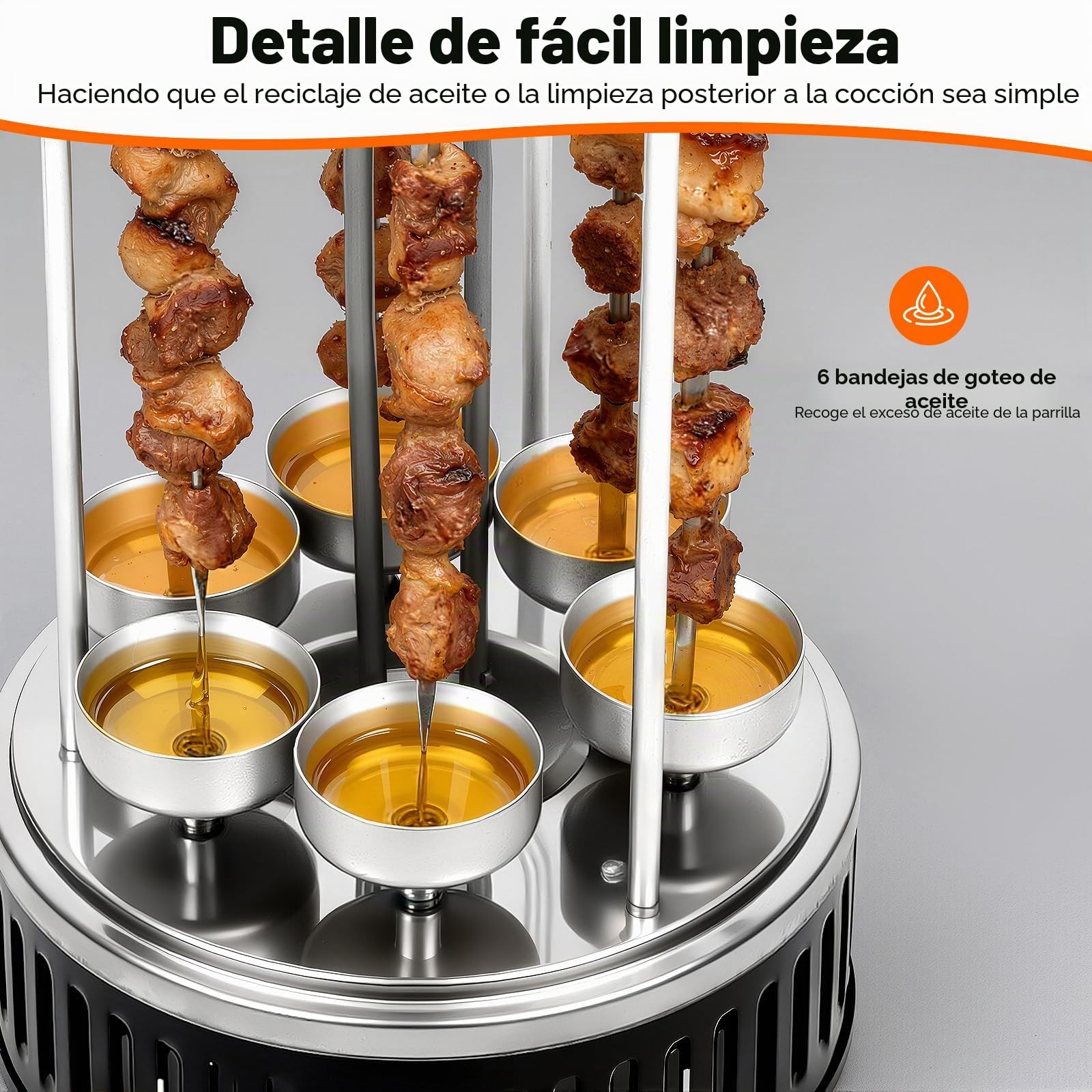 Barbacoa vertical eléctrica de 1000 W con 6 pinchos Independiente Parrilla eléctrica vertical de acero inoxidable con bandeja de gotas de aceite, parrilla vertical para barbacoas, picnics
