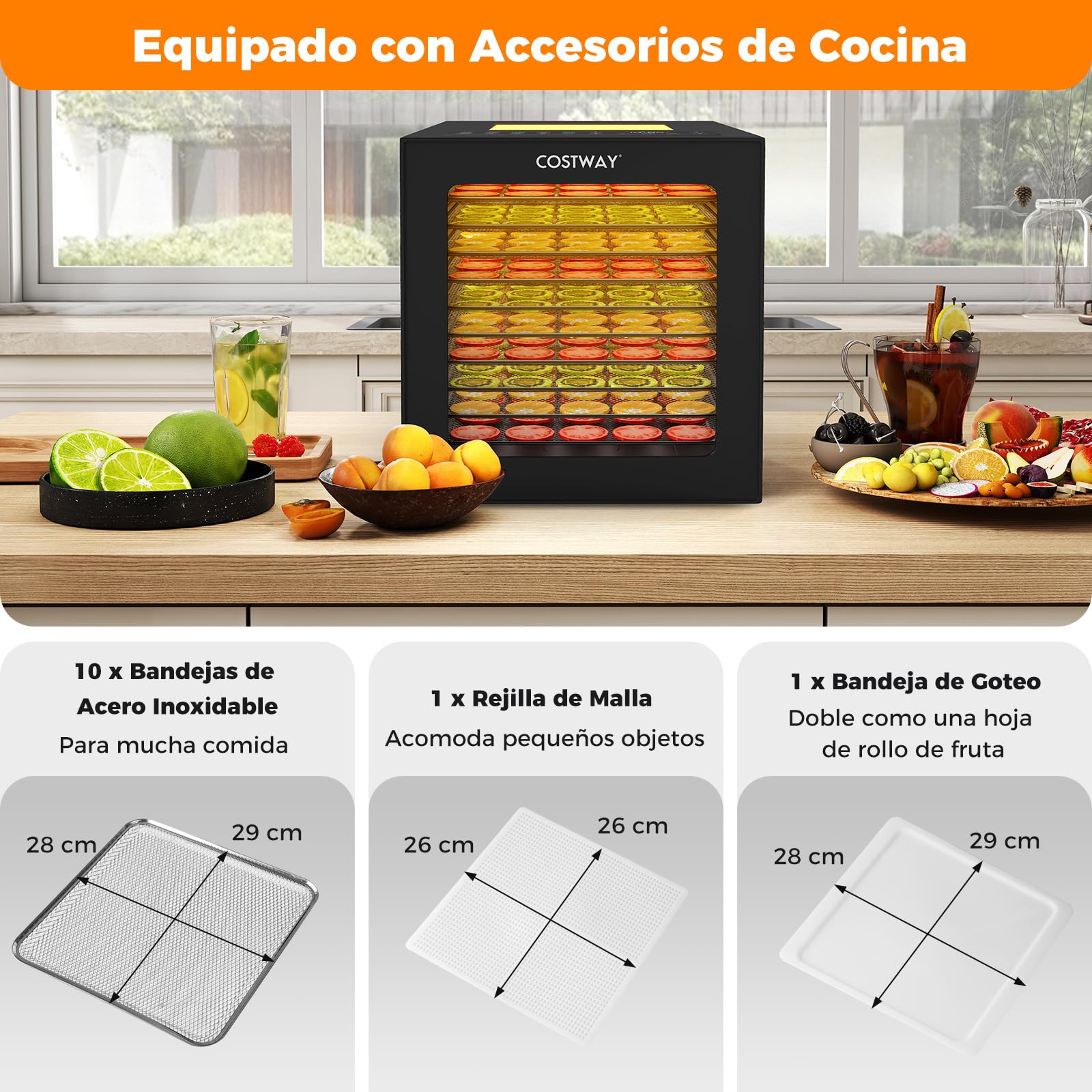 COSTWAY Deshidratador de Alimentos, Secador con 10 Bandejas de Acero Inoxidable, 10 Programas, Temporizador de 48H y Temperatura de 30-75℃, Máquina Deshidratadora para Carne, Frutas