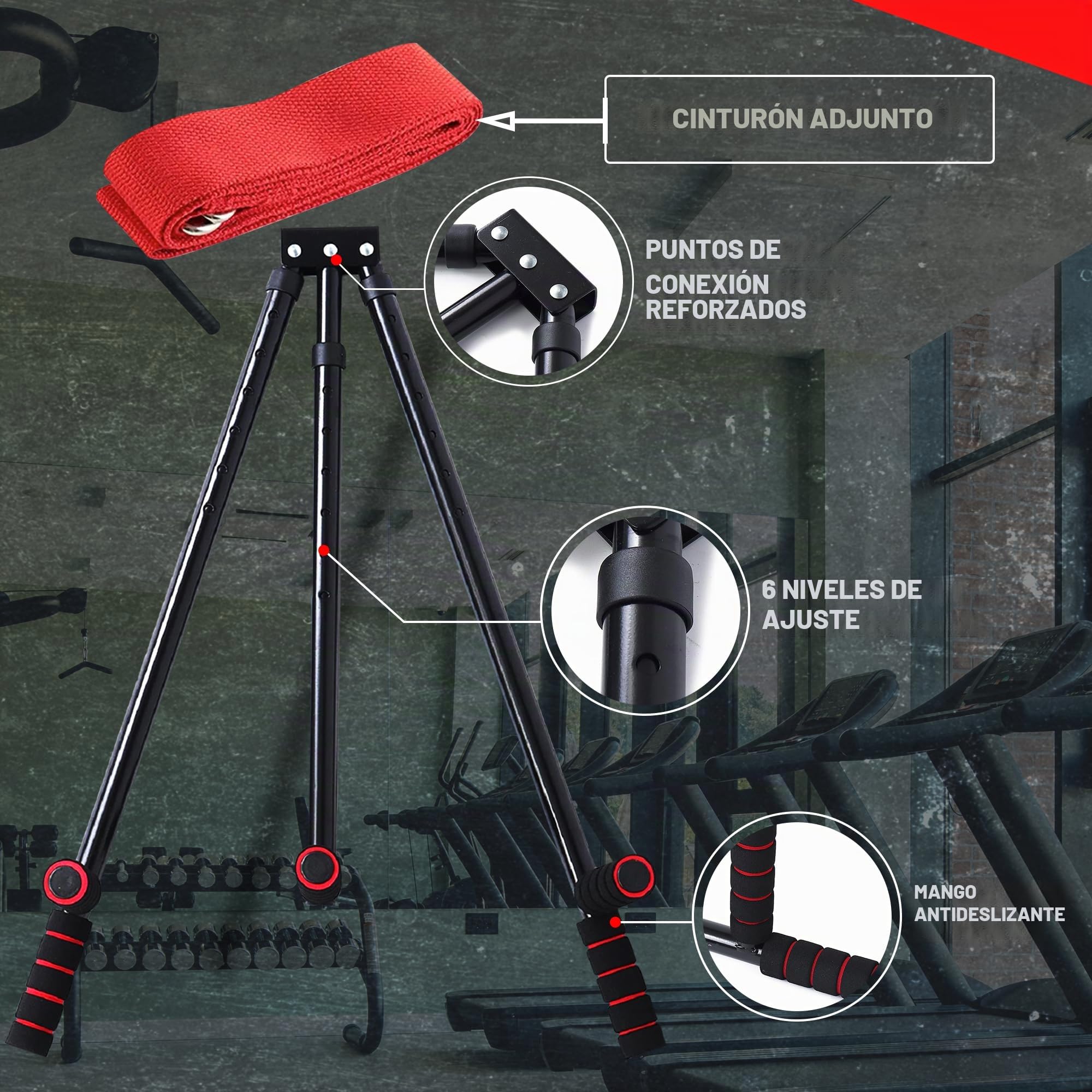 Barra Separadora De Piernas – Regulable en 6 posiciones – Máquina Para Estirar Piernas – 3 Brazos Ajustables Acero Inoxidable, Correa y Asas Antideslizantes, Apertura 180°, Plegable, Hogar