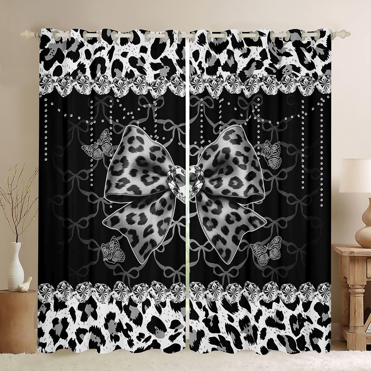 Homewish Kokarda nadruk w panterkę kot gepard czarno-szare zasłony okienne 117 x 137 cm, 2 zestawy paneli - kokardka ombre, zasłony zaciemniające, motyle, zasłony okienne, wstążka