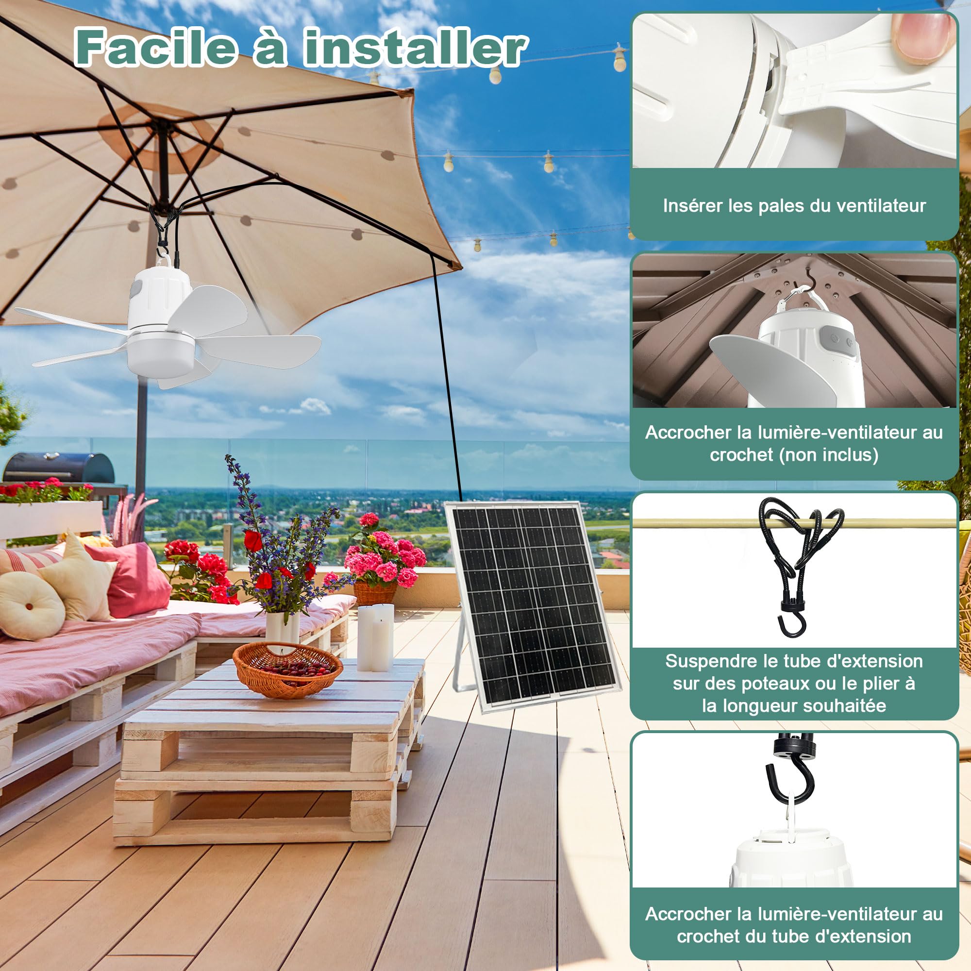 Ventilateur Solaire avec Lumière, Lampe Plafond de Pavillon, Panneau Solaire et Télécommande pour Terrasse, Parasol, Atelier, Gazebo