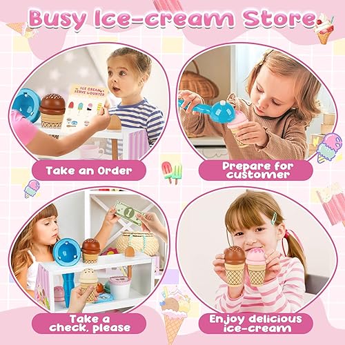 Miniatura 3 de Dreamon Juego de encimera de helado para niños, 38 piezas de helado de madera, tienda para niños pequeños de 3 a 5 años, juguete de simulación para