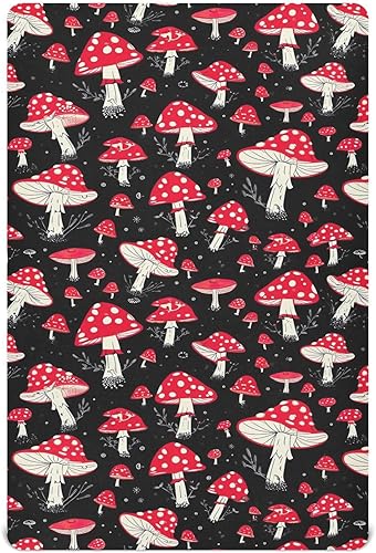 Kigai Fitted Crib Sheet for Boys Girls,Red Mushroom Jersey Knit Baby Sheet for Standard Crib and Toddler Bed Mattresses, Cozy Soft Breathable, 28 x