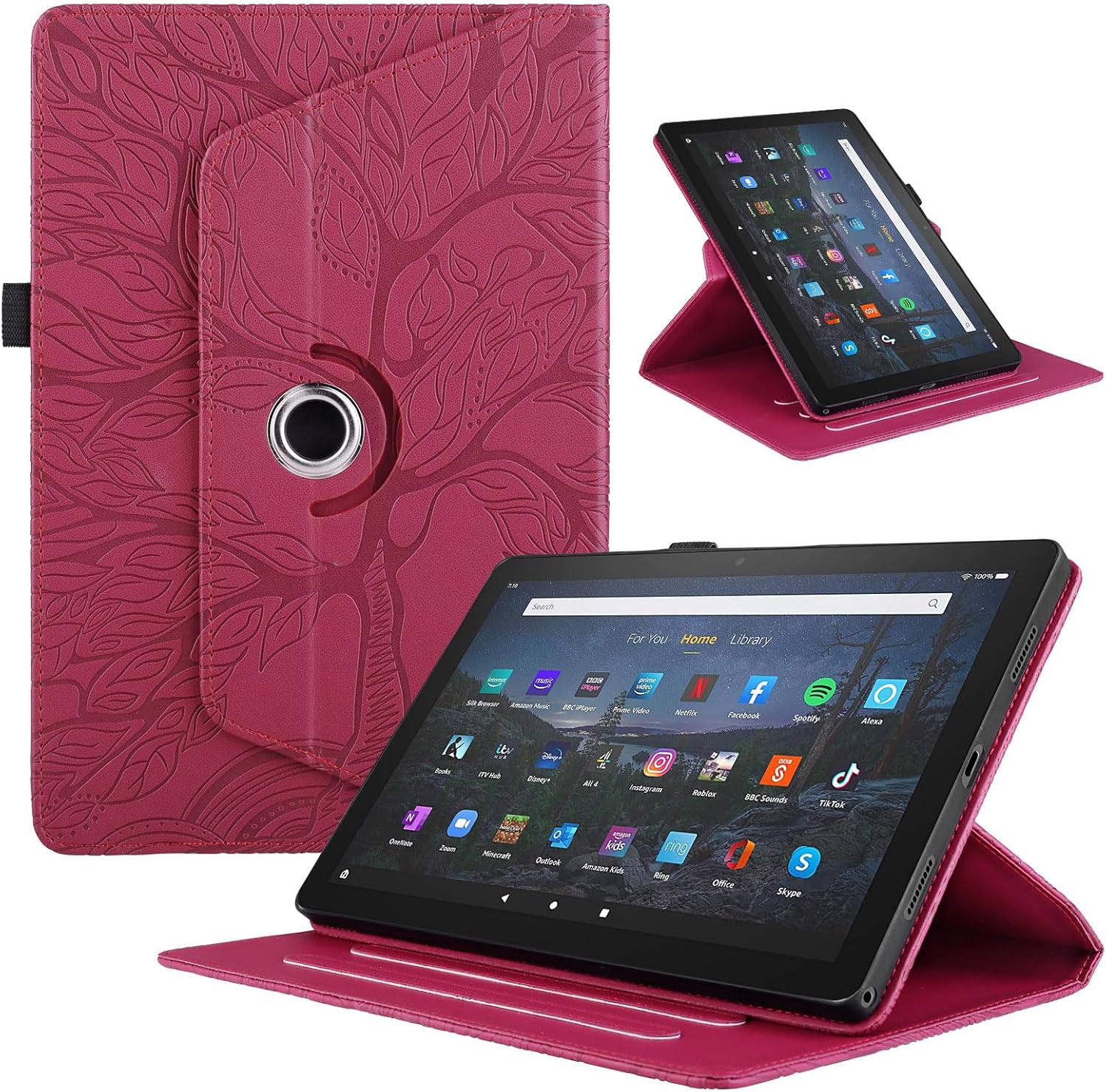 360° Rotating Stand Case Compatible with Amazon Kindle Fire HD 8 Tablet & 8 Plus Tablet(12th Generation/10th Generation, 2024/2022/2020 Release) - Tree of Life Embossed Folio Cover (Red)