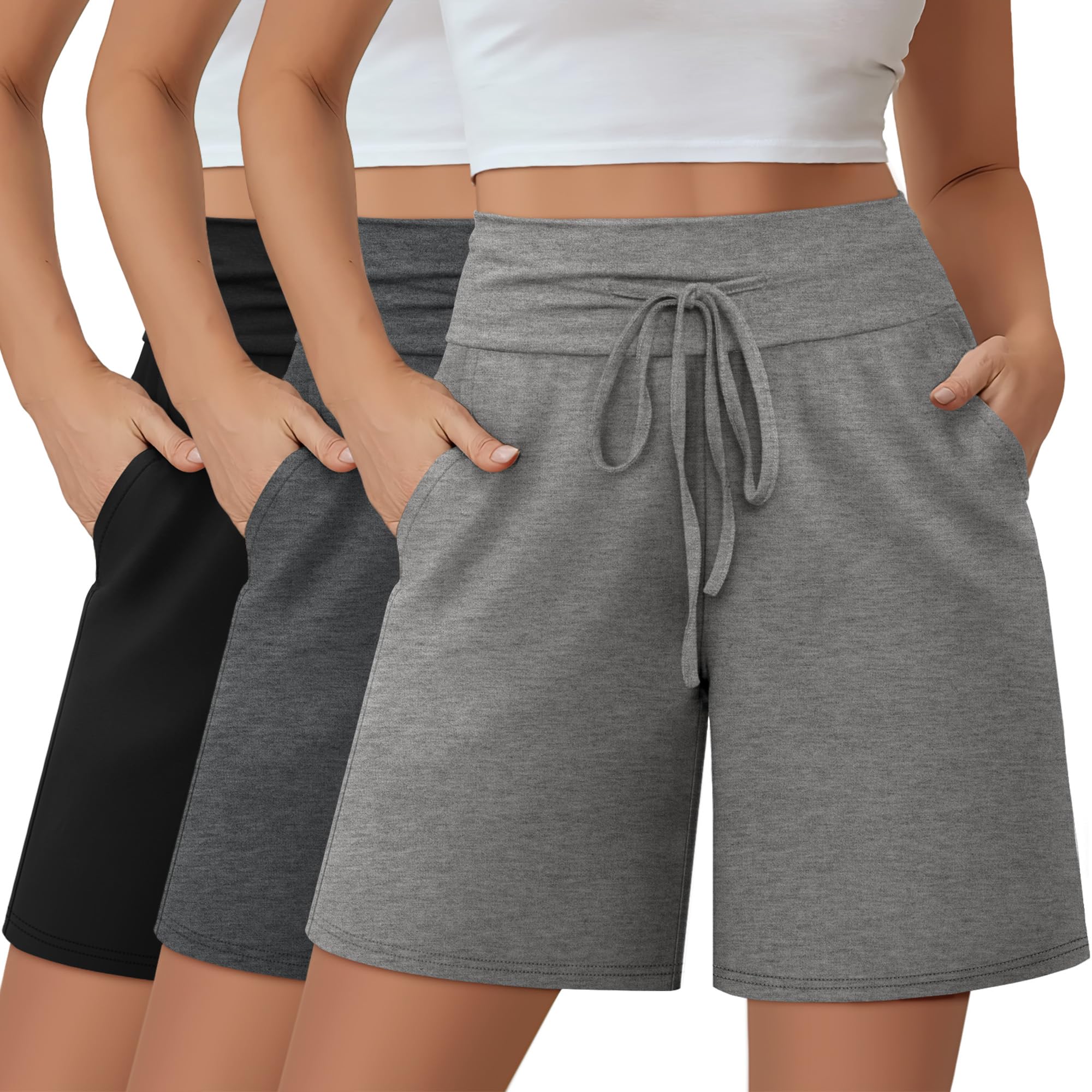 Neer 3 Pack Women's Bermuda Shorts, Knee Length Wide High Waisted Drawstring Casual Athletic Shorts with Pockets