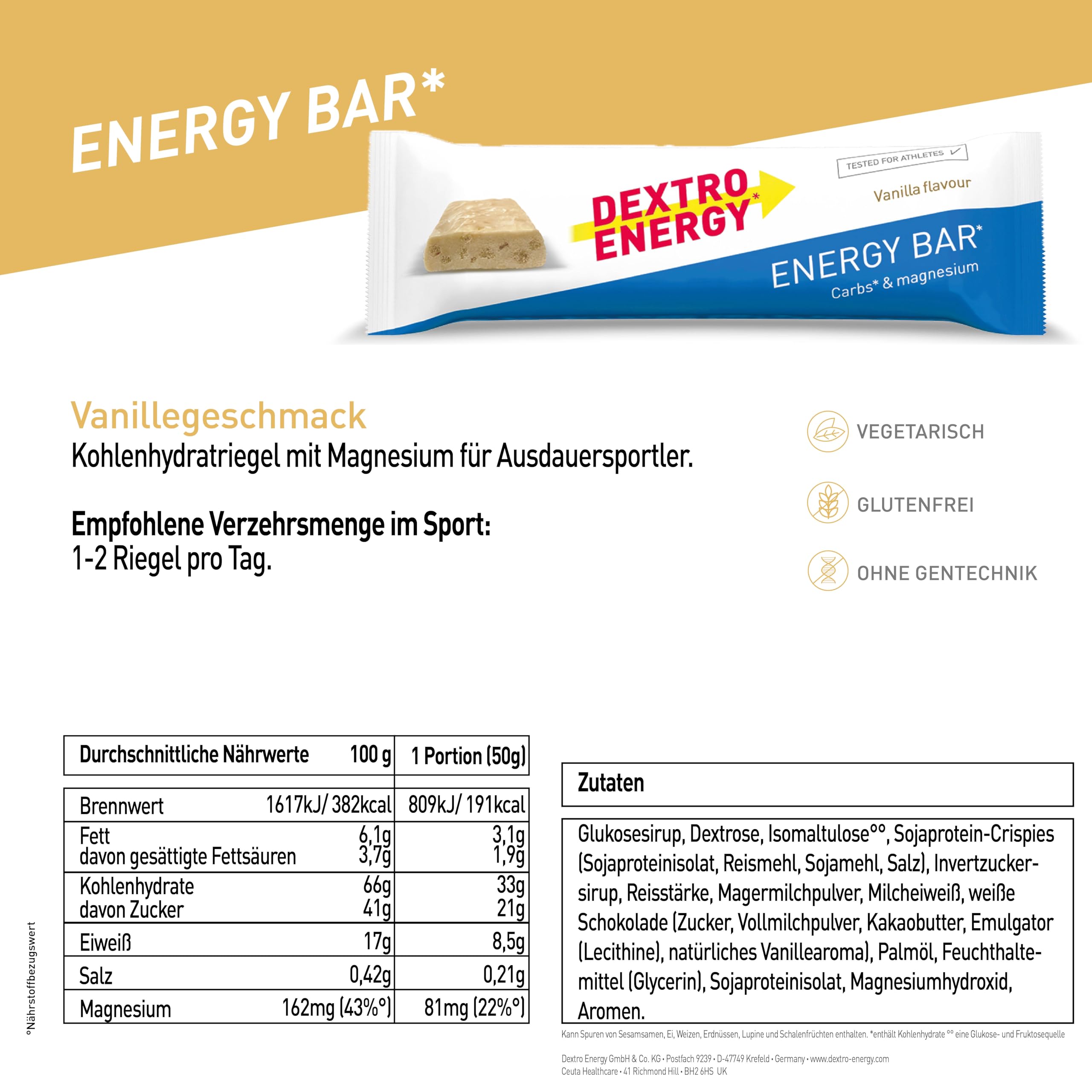 Dextro Energy Energieriegel Vanille Flavour - Mit Protein Crispies – 24x50g Vorteilspack – 81 mg Magnesium pro Powerriegel