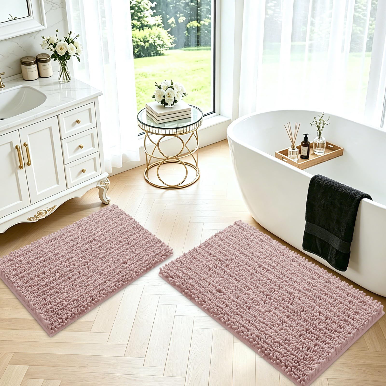 ACCUMTEK Upgrade Luxury 2 Piece Dusty Pink Toilet Bathroom Rug Mat 32"x20"+24"x17", Ultra Soft Thick Absorbent Bath Mats, Non Slip Chenille Toilet Mat for Bathroom, Bedroom, Kitchen, Shower, Tub