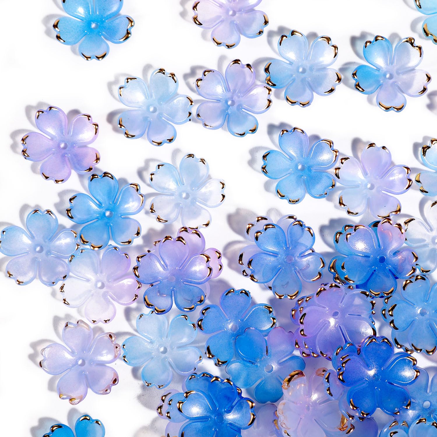 60pcs Cherry Blossom Gradient Mini Floral Spacer Beads - Gold Plated Pretty Flower Petal Beads Charms for Bracelets (Blue-Pink Gradient)