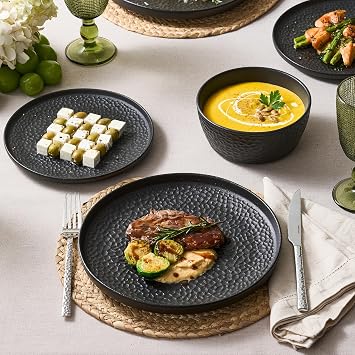 KINGSTONE 24-Piece Hammered Ceramic Dinnerware Sets, Matte Black
