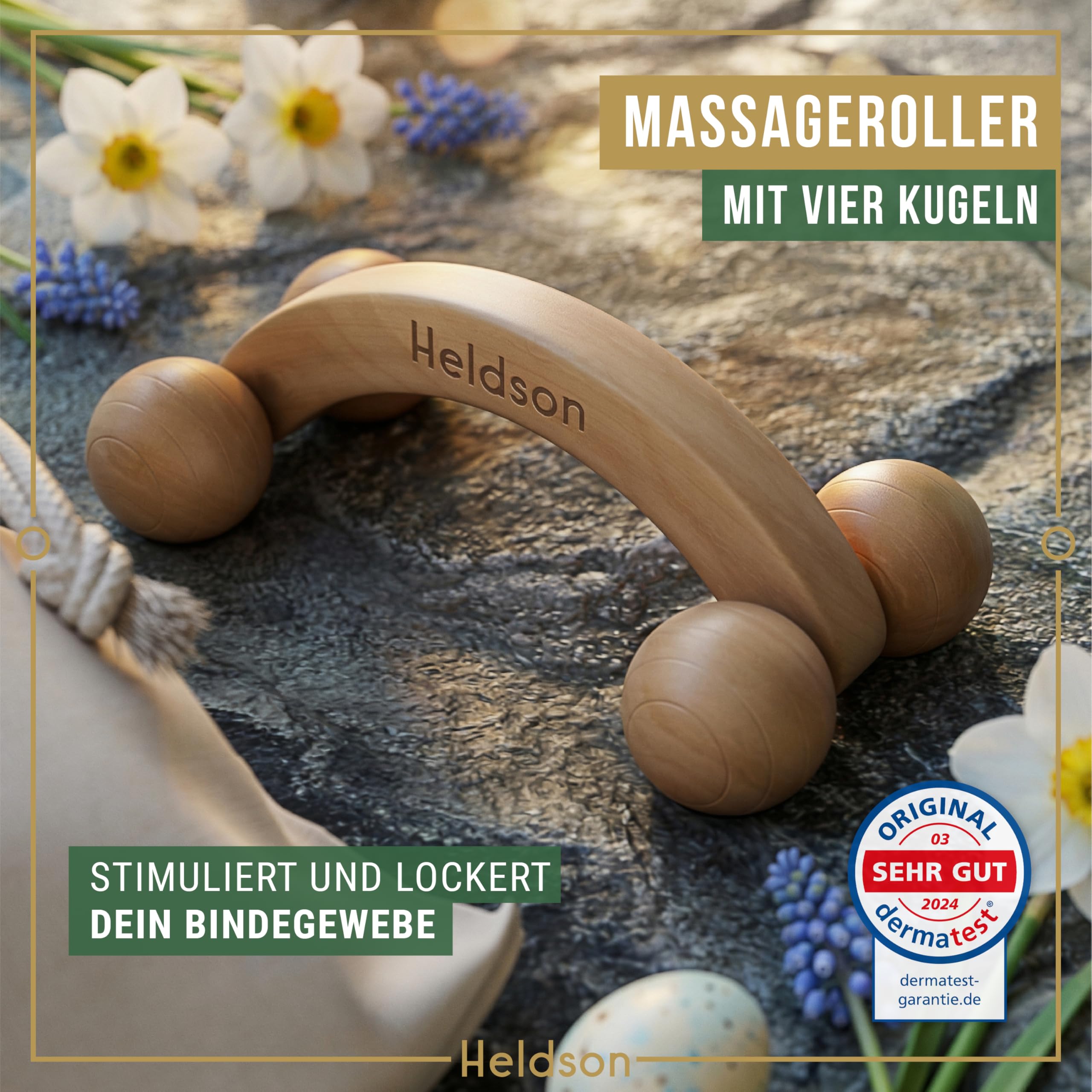 HELDSON® Massage Set Holz [6 Teile] FSC®100% - Diverse Massagegeräte & Massage Roller - Fußmassage, Kopfmassage, Triggerpunkt Drücker - Entspannung - Ostern Geschenke - Anti Cellulite, Stress