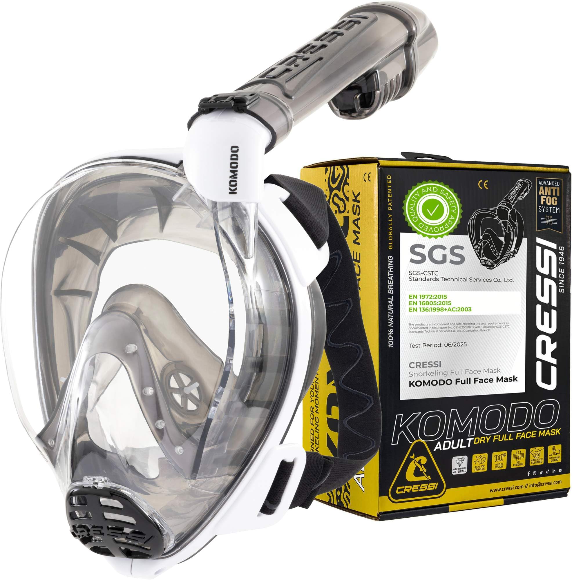 CRESSI dal 1946-Komodo Full Face Maschera Integrale Dry da Snorkeling Visione a 180°-CO2 Sicuro-Silicone 100% Anti Appannamento-Snorkel Laterale-Cinghie Elastiche Regolabili