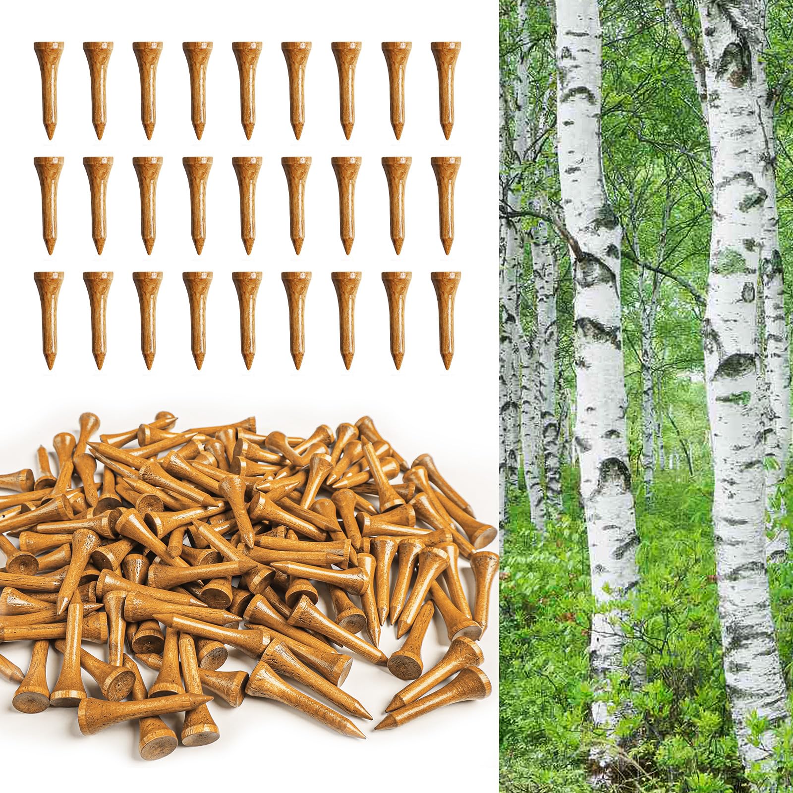 FINGER TEN Golf Tees Wood for Men Wooden Tee 1 1/2 2 3/4 3 1/4 Inch Western Birch Value 100 Pack, Reduce Friction Spin Tall Sturdy Base for Stability