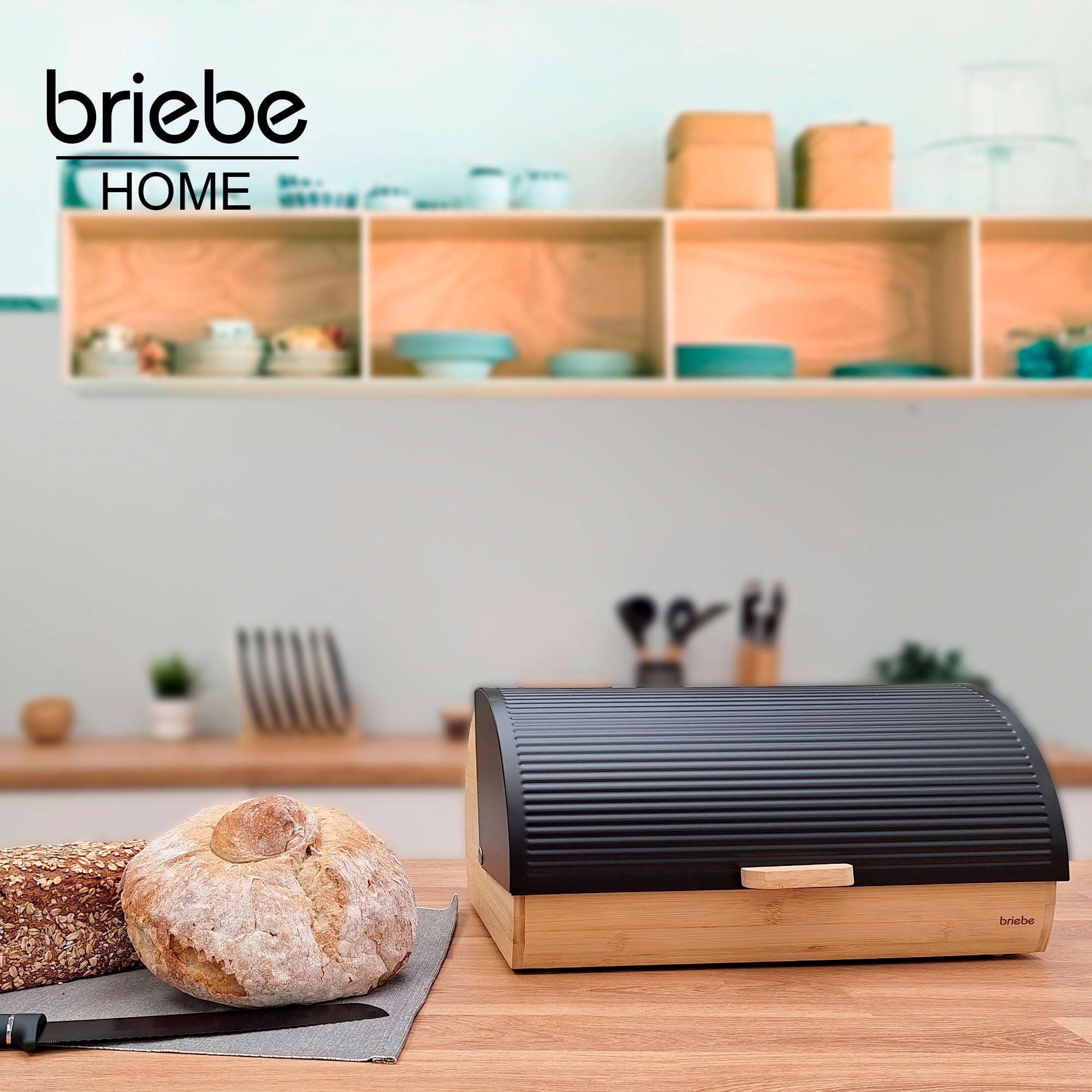 briebe Nordic Boîte à Pain en Bois de Bambou, Couvercle Coulissant pour Conserver le Painen, Bread Box pour le Rangement des Viennoiseries, Design Nordique Moderne, Noir