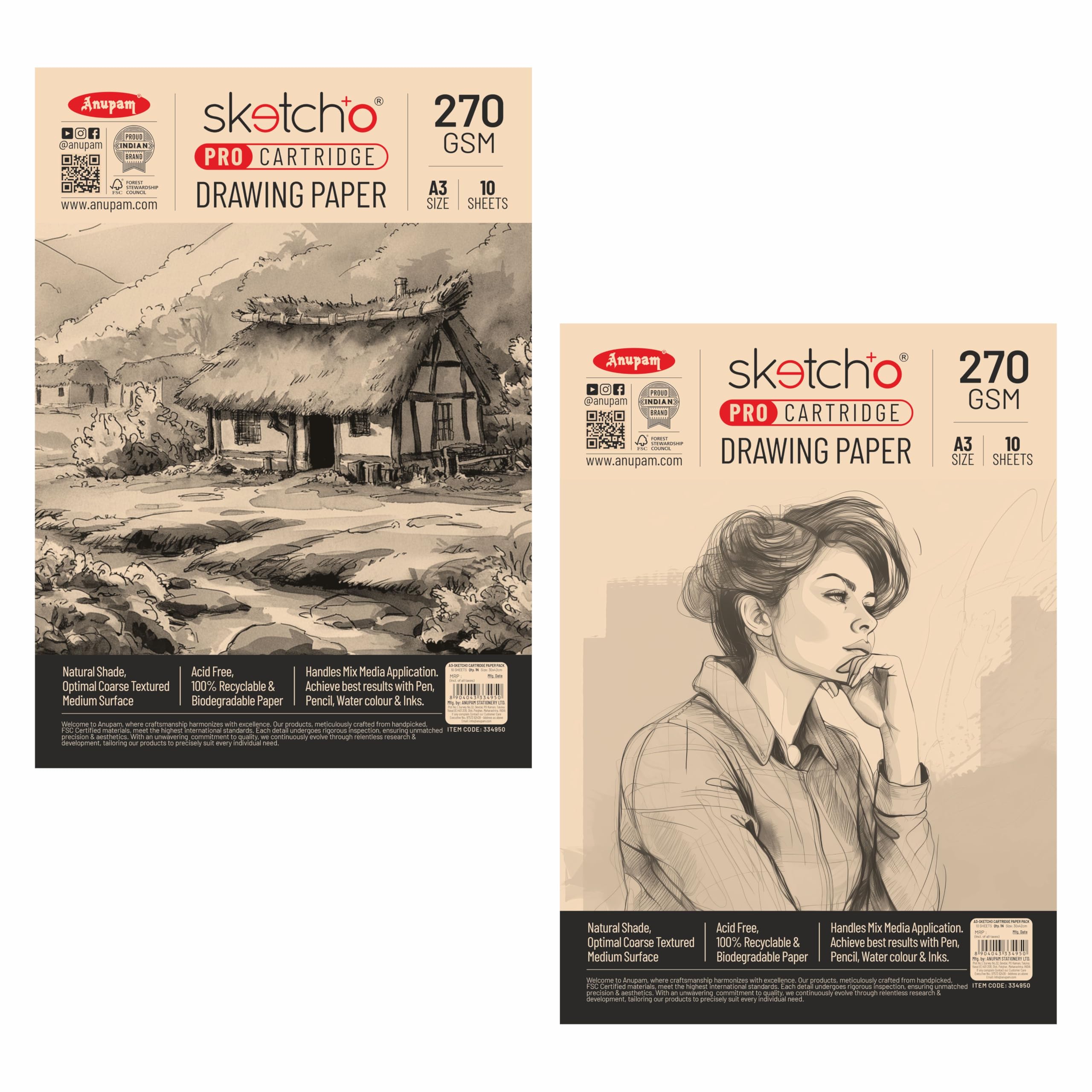 Anupam SketchO Pro Sketching & Drawing Paper A3 | 10 Sheet 20 Pages | 270 GSM Sheet for Pencil, Charcoal, Graphite, redchalk Pastel, Chalk, Oil Pastel & Wax Crayon for Artist's & Amateurs (Set of 2)