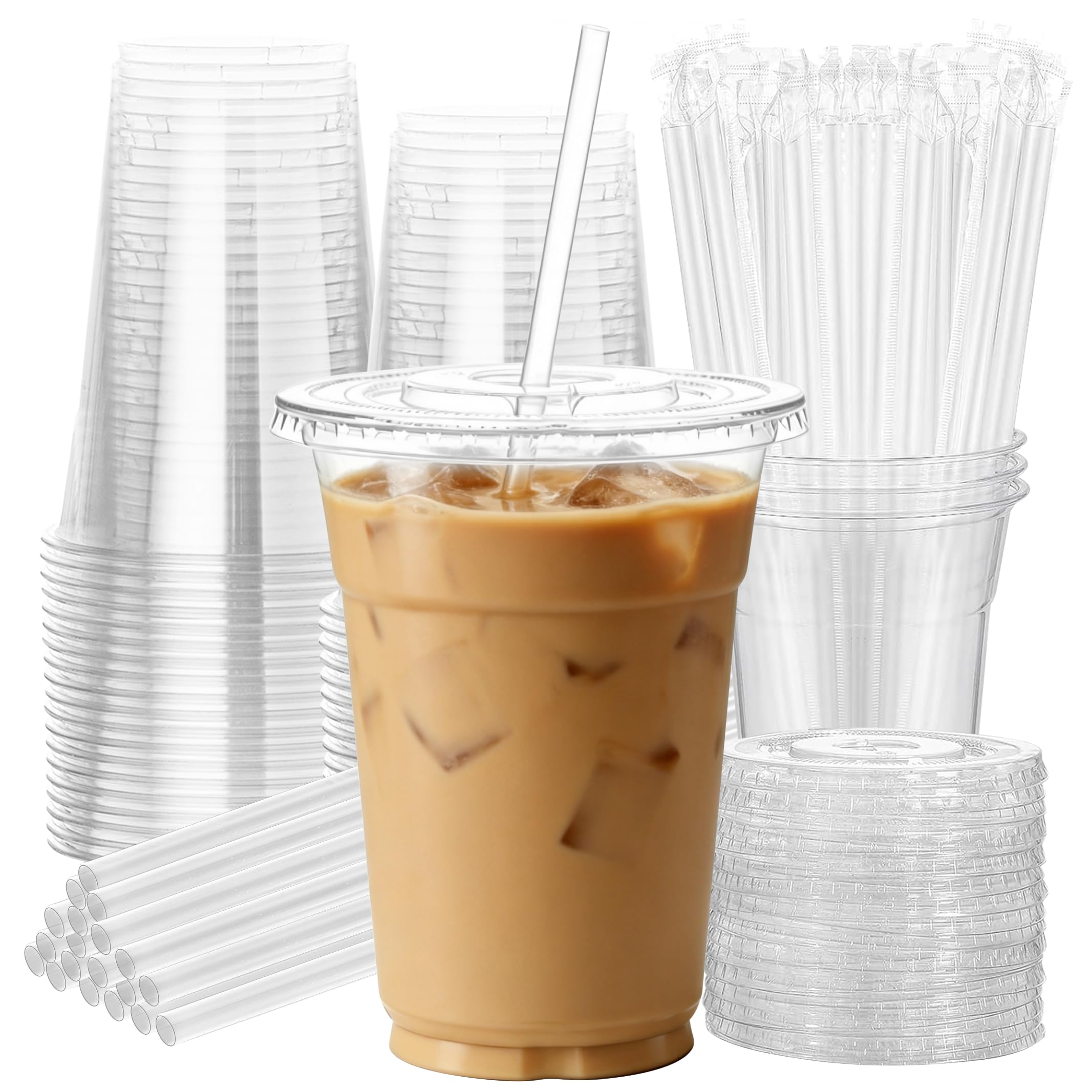 25 Pack 16oz Leak-Proof Clear Plastic Cups with Lids and Straws