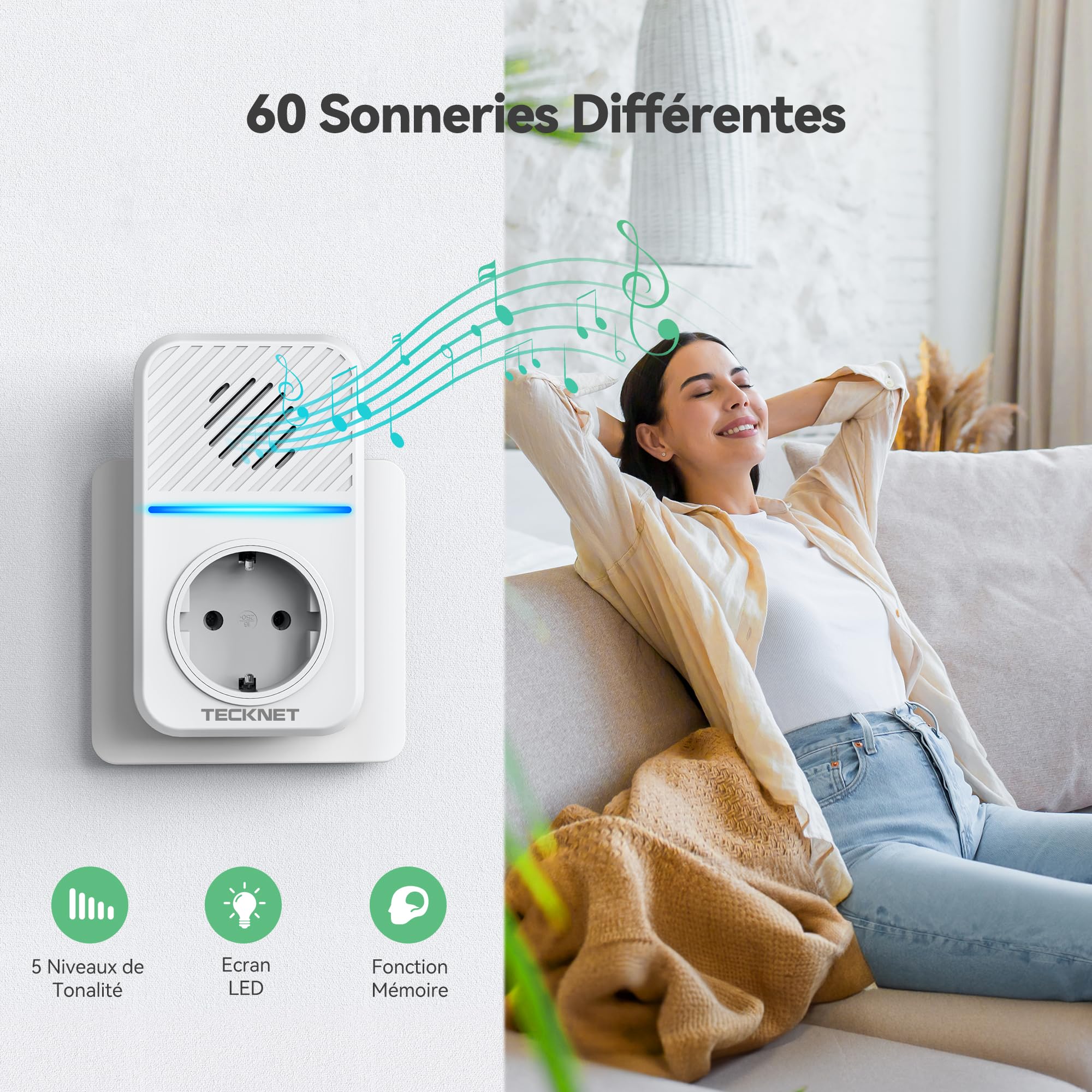 TECKNET Sonnette sans Fil Kit, 400M Sonnette de Porte sans Fil Auto-alimentée avec 2 Récepteurs, IP65 Kit de Carillon avec Tomas USB Externas y Luz LED, 60 Mélodies, 5 Niveaux de Volume