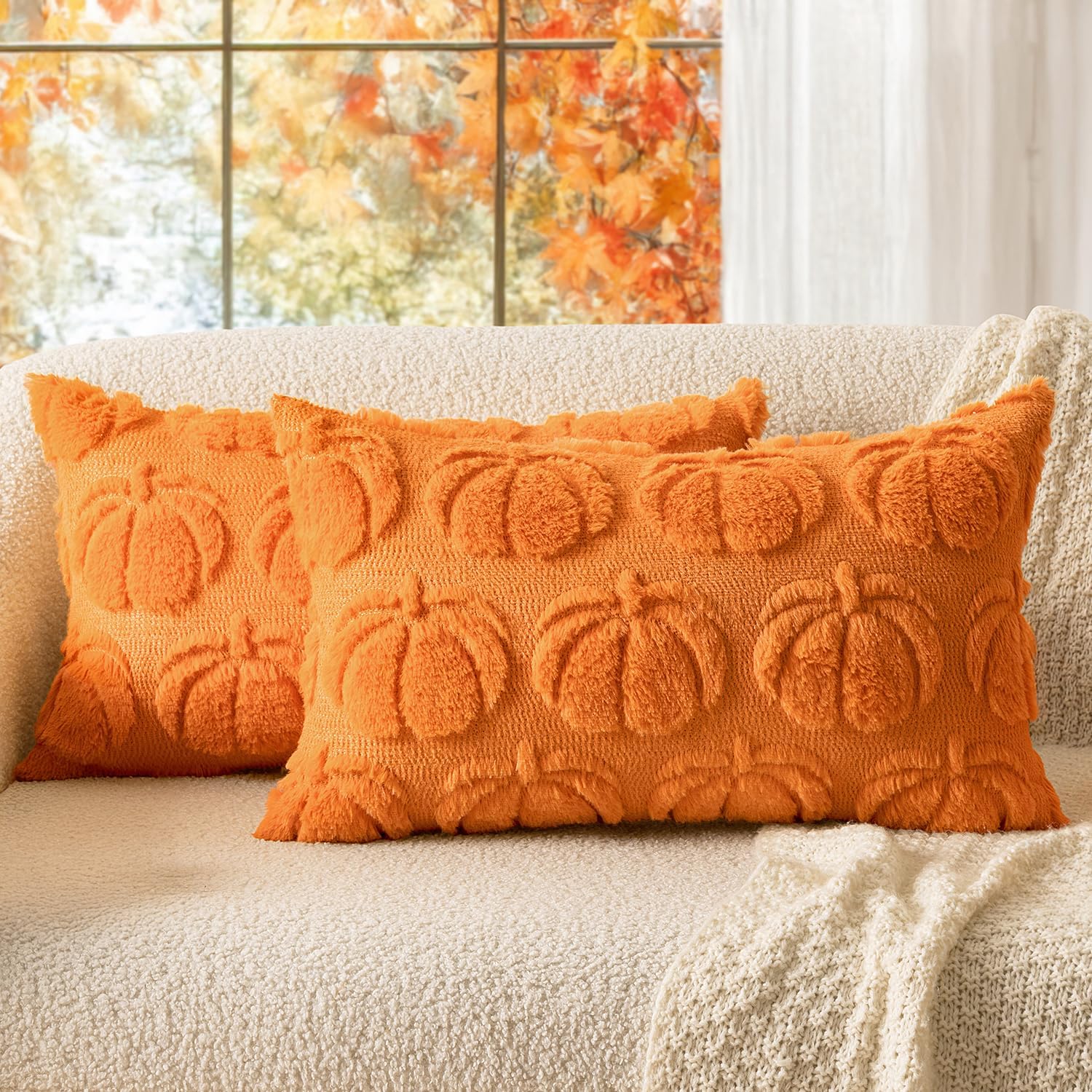 MIULEE Cushion Cover Set 2 Pieces Artificial Wool Sofa Cushion Cover with Autumn Pumpkin Pattern Bedroom Orange 40 x 60 cm