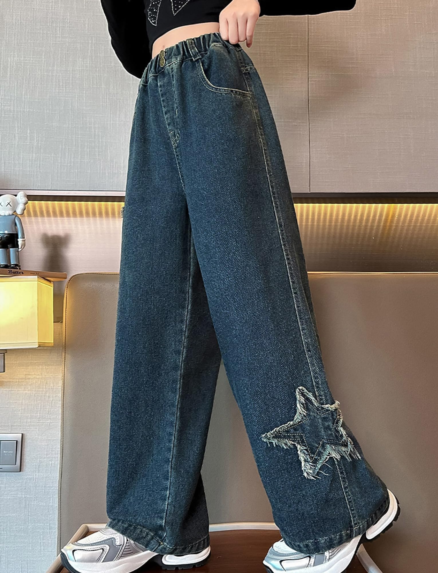 SEAUR Wide Leg Jeans for Girls Kids Baggy Jeans Y2K Elastic Waist Pants Casual Loose Denim Pants with Pockets Comfy Trousers