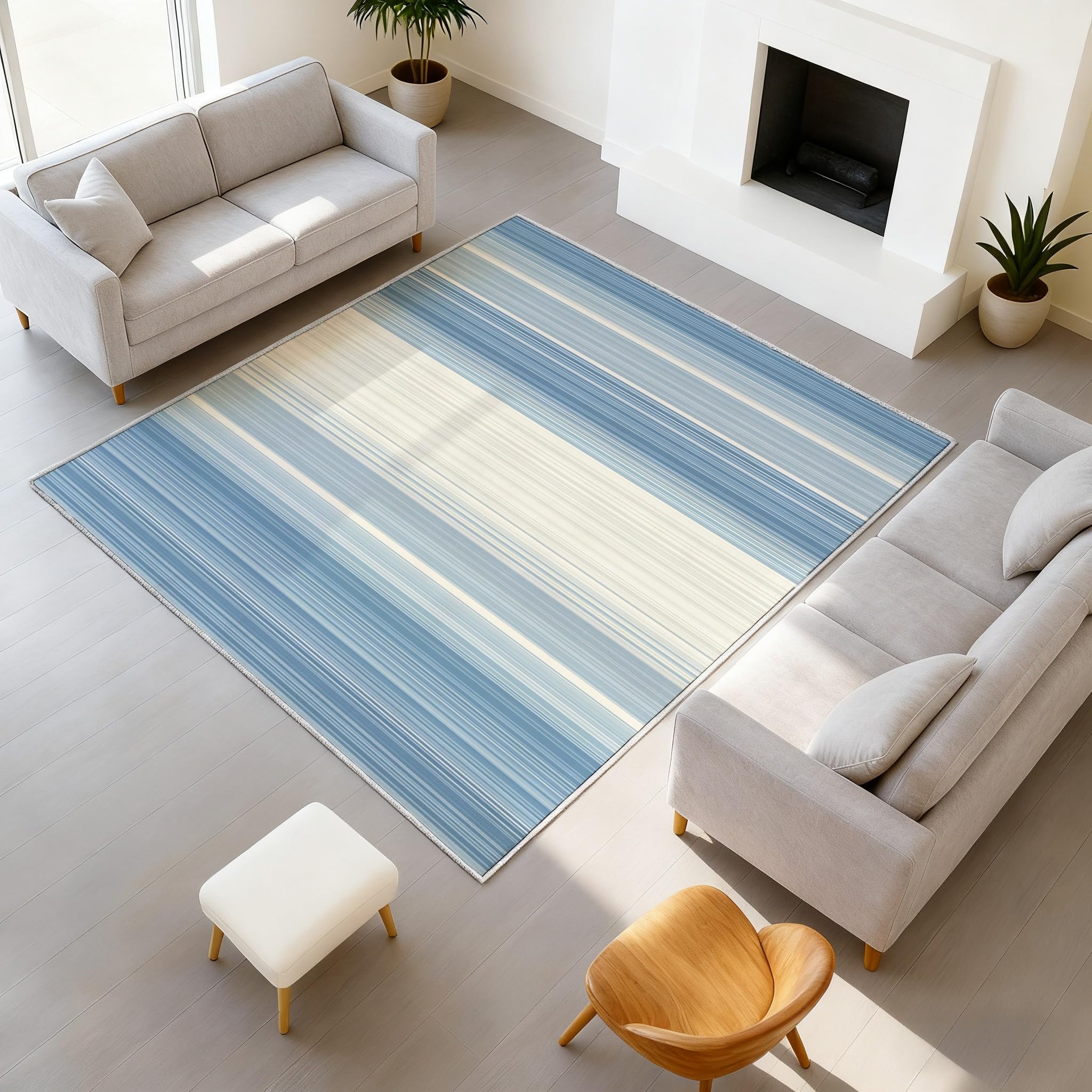 Générique 60 x 90 cm Tapis Minimaliste Dégradé Imprimé Moderne Frais Tapiss Rayures Verticales Bleu Clair Blanc & Tapis antidérapant Magique intégré pour Couloir Entrée